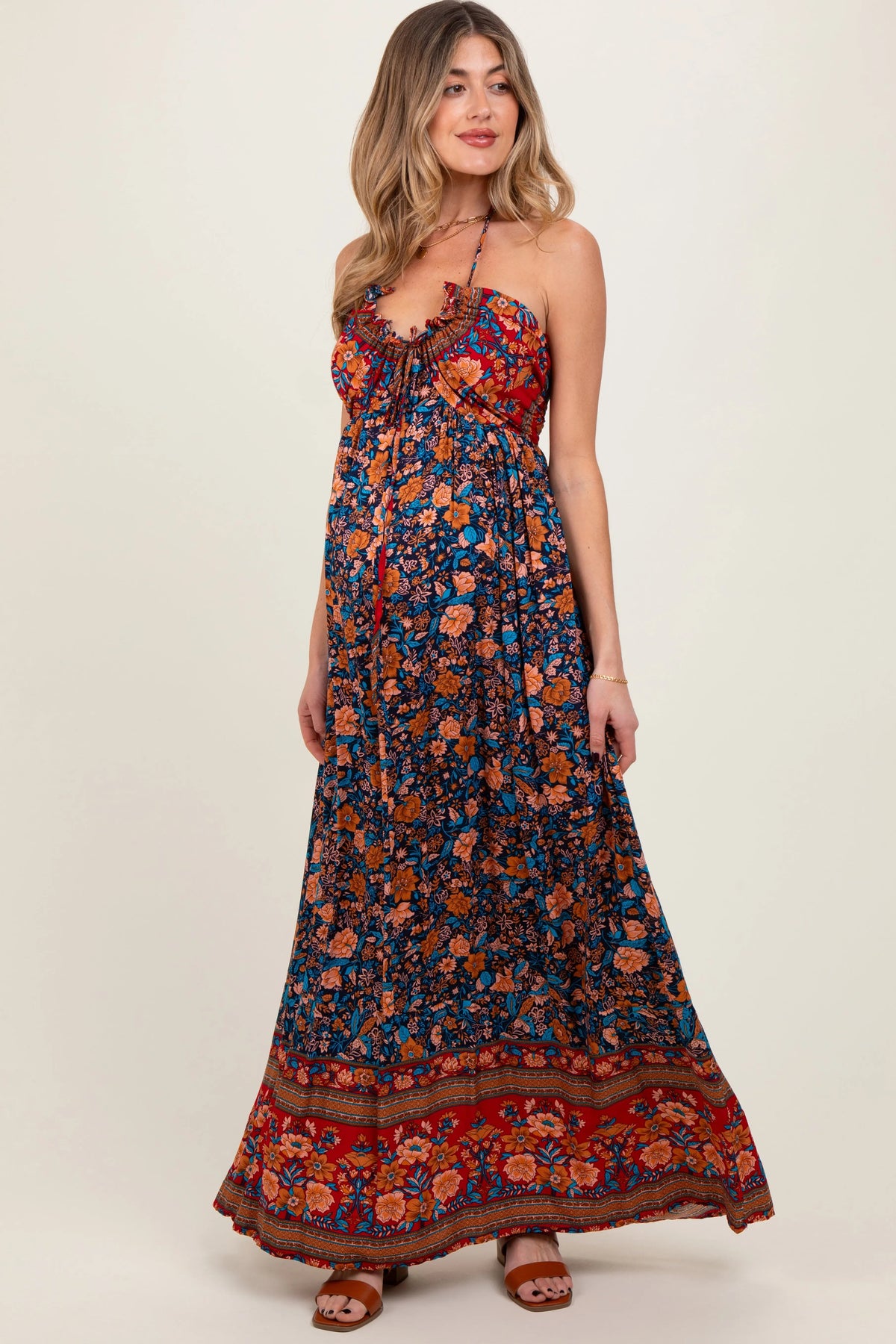 PinkBlush Navy Floral Colorblock Halter Tie Back Maternity Maxi Dress - 