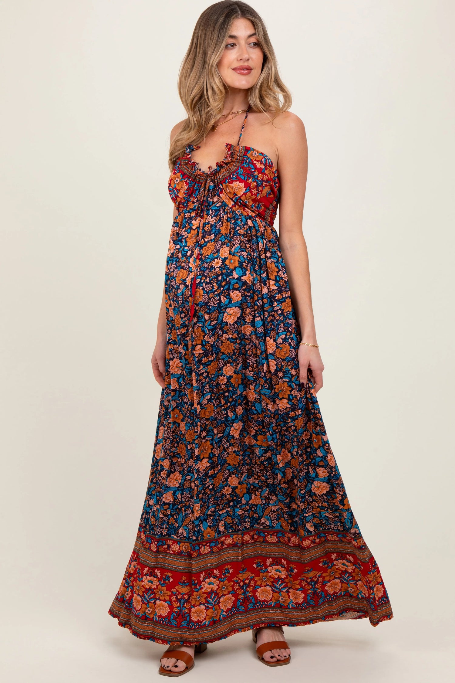 PinkBlush Navy Floral Colorblock Halter Tie Back Maternity Maxi Dress - 