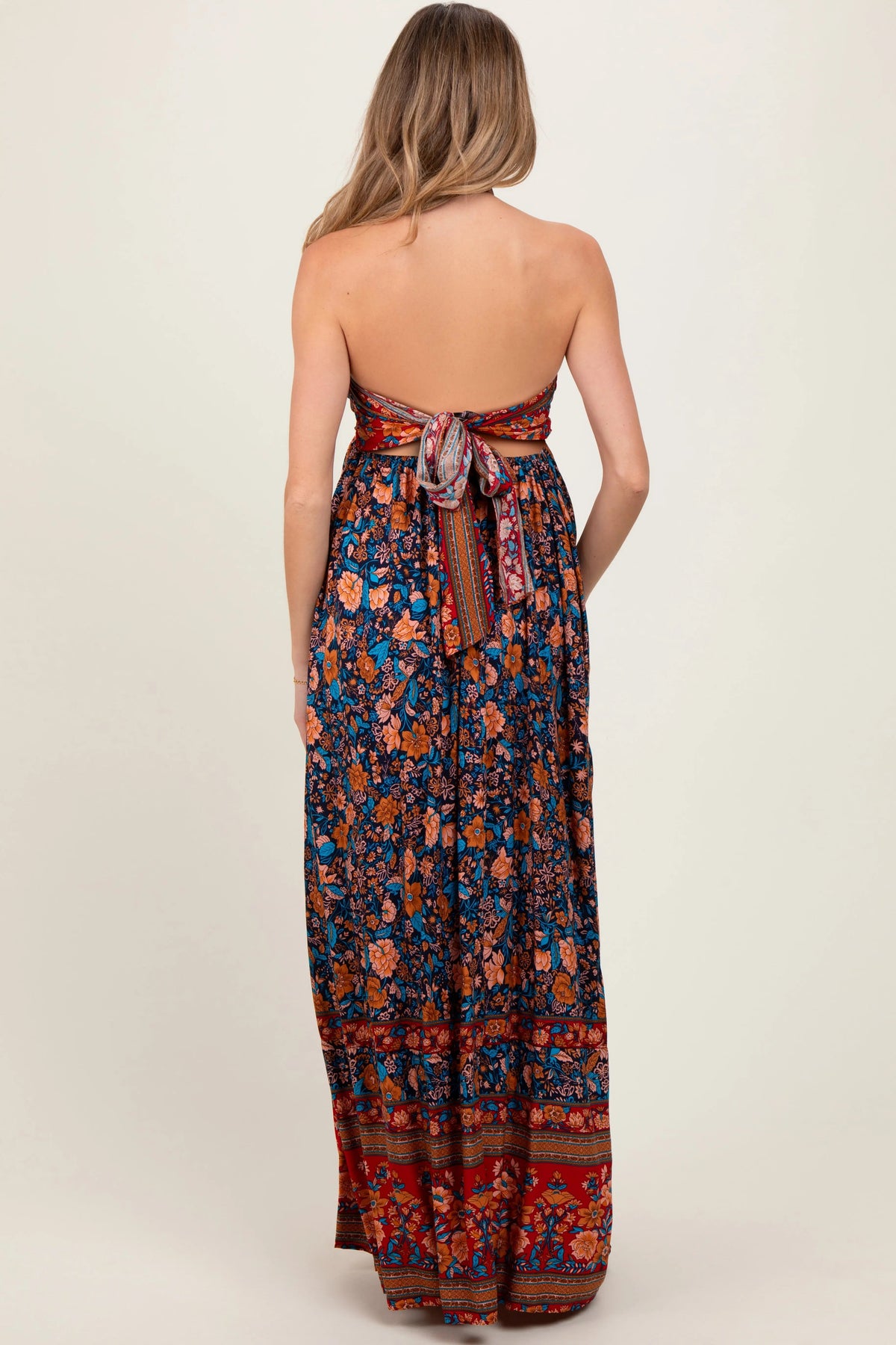 PinkBlush Navy Floral Colorblock Halter Tie Back Maternity Maxi Dress - 