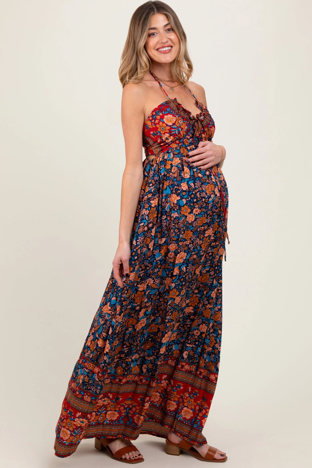 PinkBlush Navy Floral Colorblock Halter Tie Back Maternity Maxi Dress - 