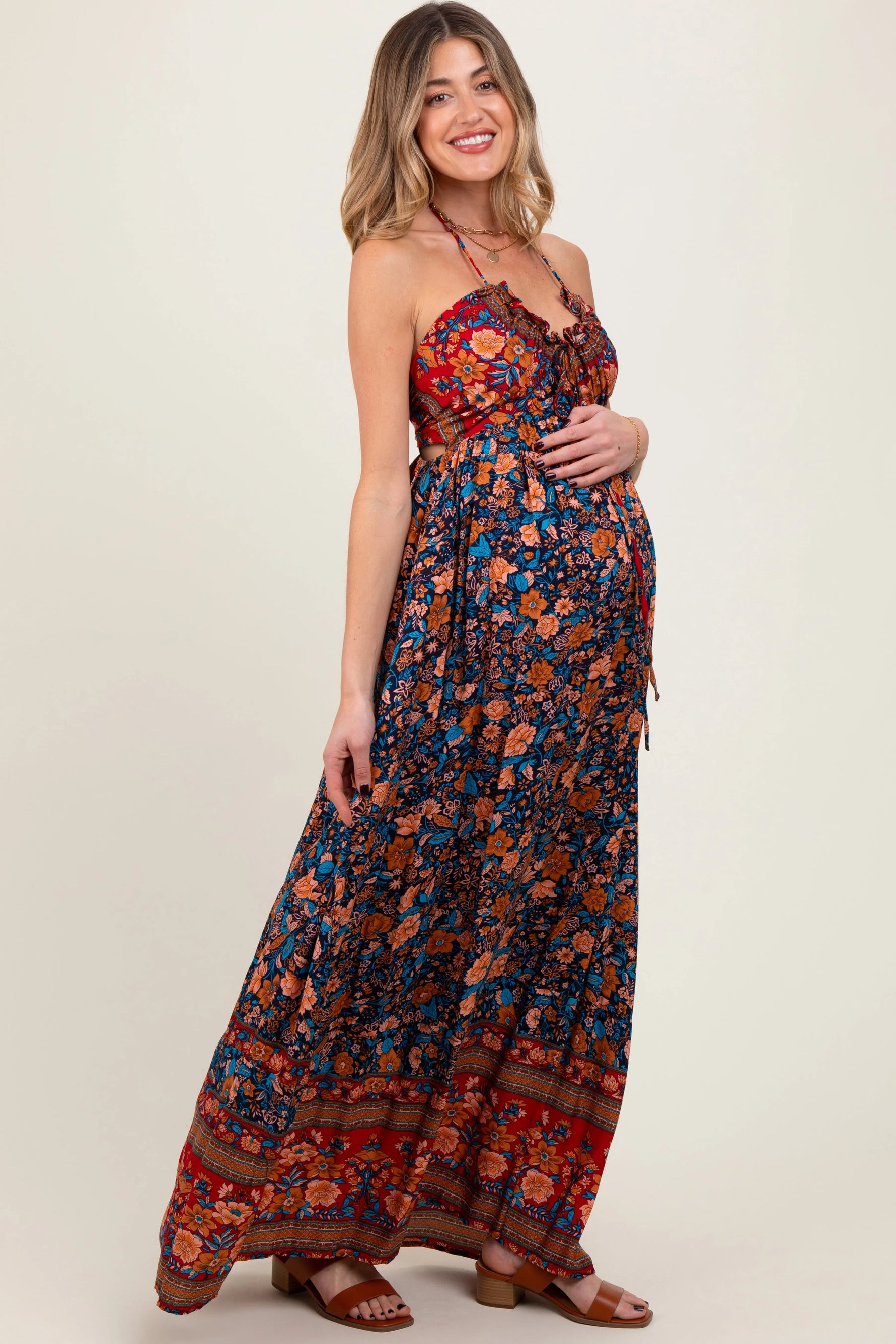 PinkBlush Navy Floral Colorblock Halter Tie Back Maternity Maxi Dress - 