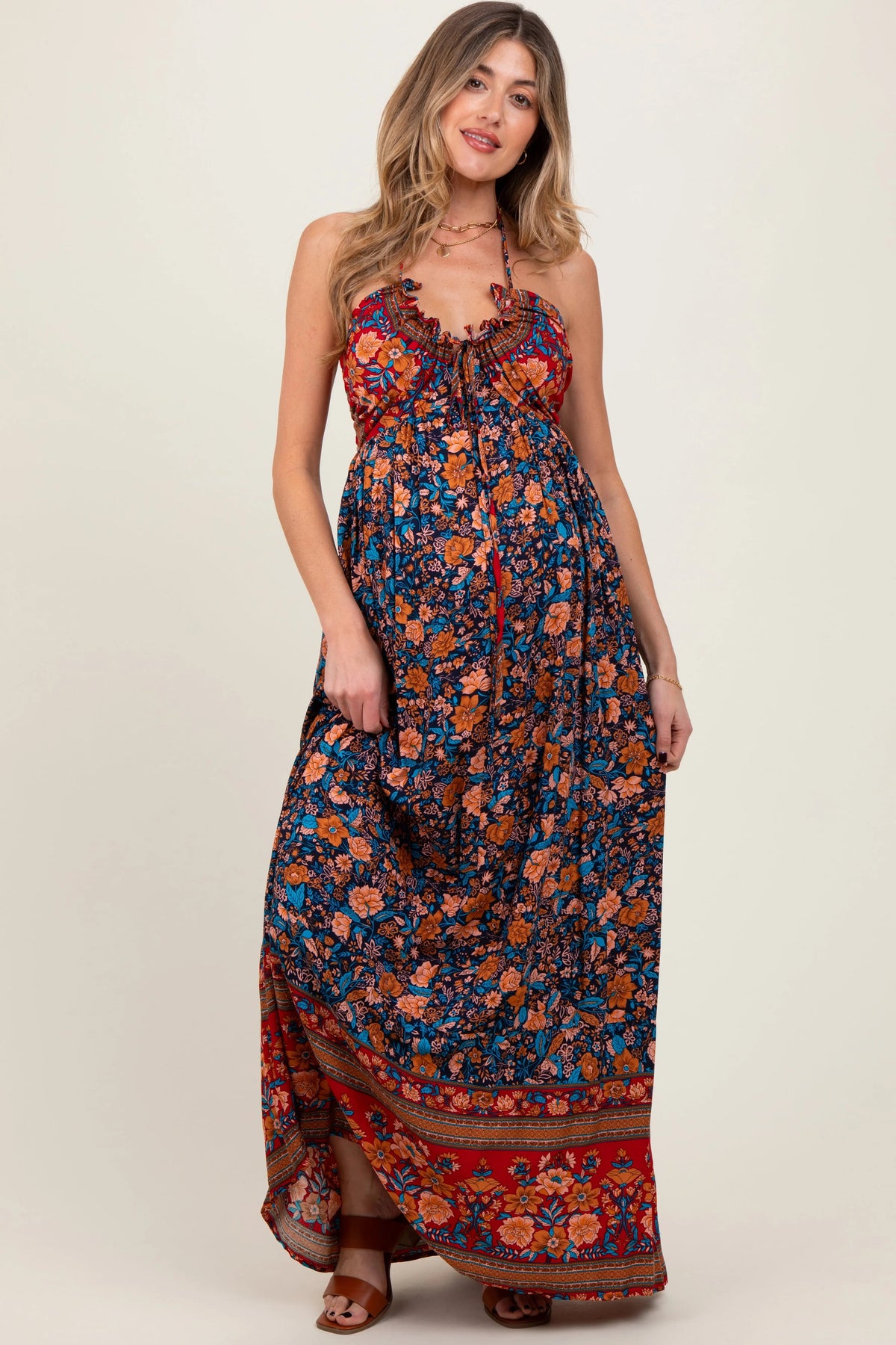 PinkBlush Navy Floral Colorblock Halter Tie Back Maternity Maxi Dress - 