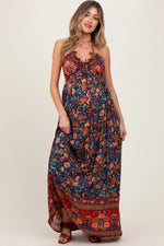 PinkBlush Navy Floral Colorblock Halter Tie Back Maternity Maxi Dress - 