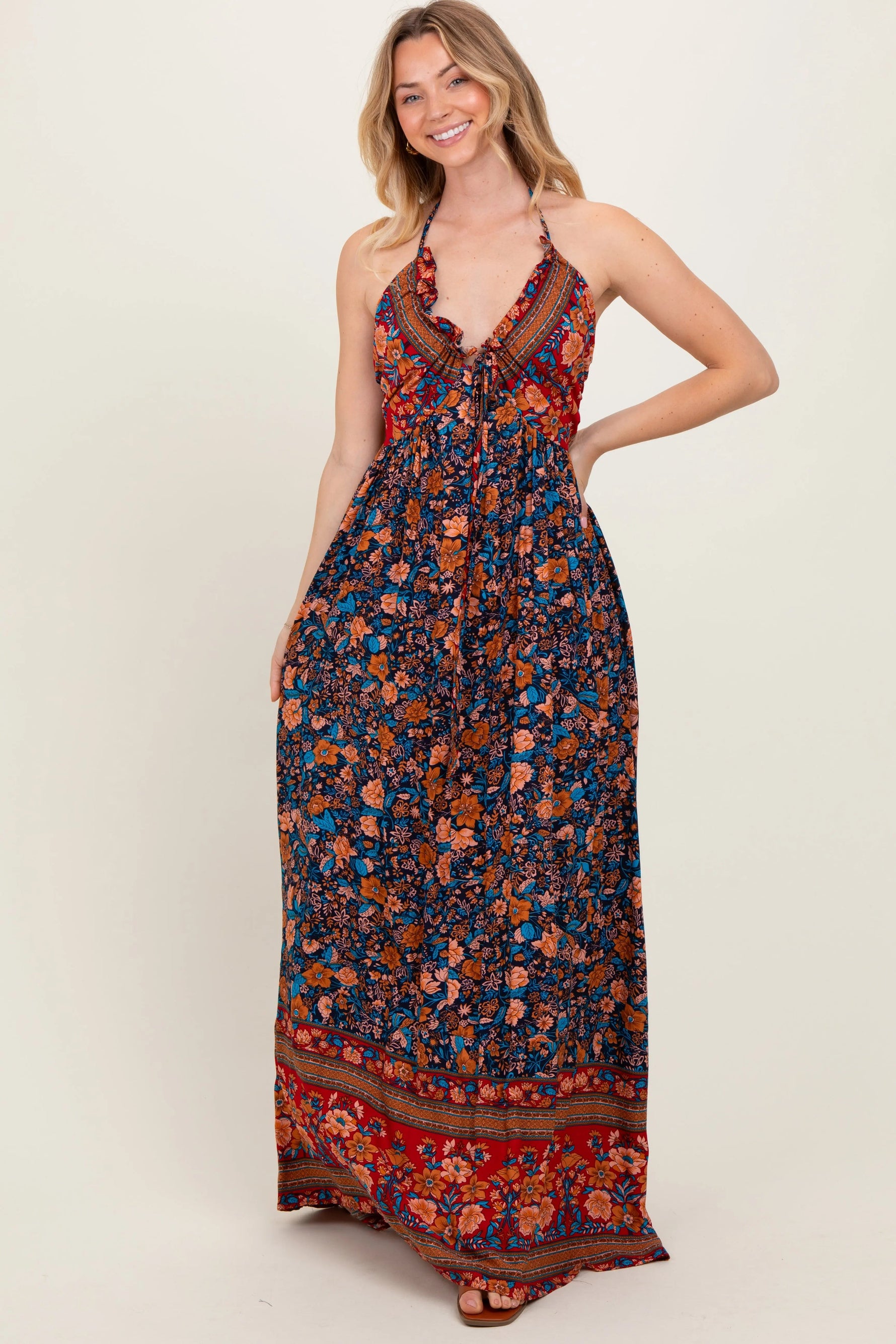 PinkBlush Navy Floral Colorblock Halter Tie Back Maternity Maxi Dress - 