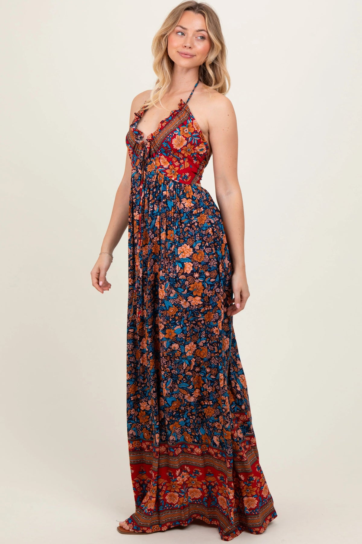 PinkBlush Navy Floral Colorblock Halter Tie Back Maxi Dress - 