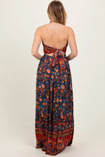 PinkBlush Navy Floral Colorblock Halter Tie Back Maxi Dress - 
