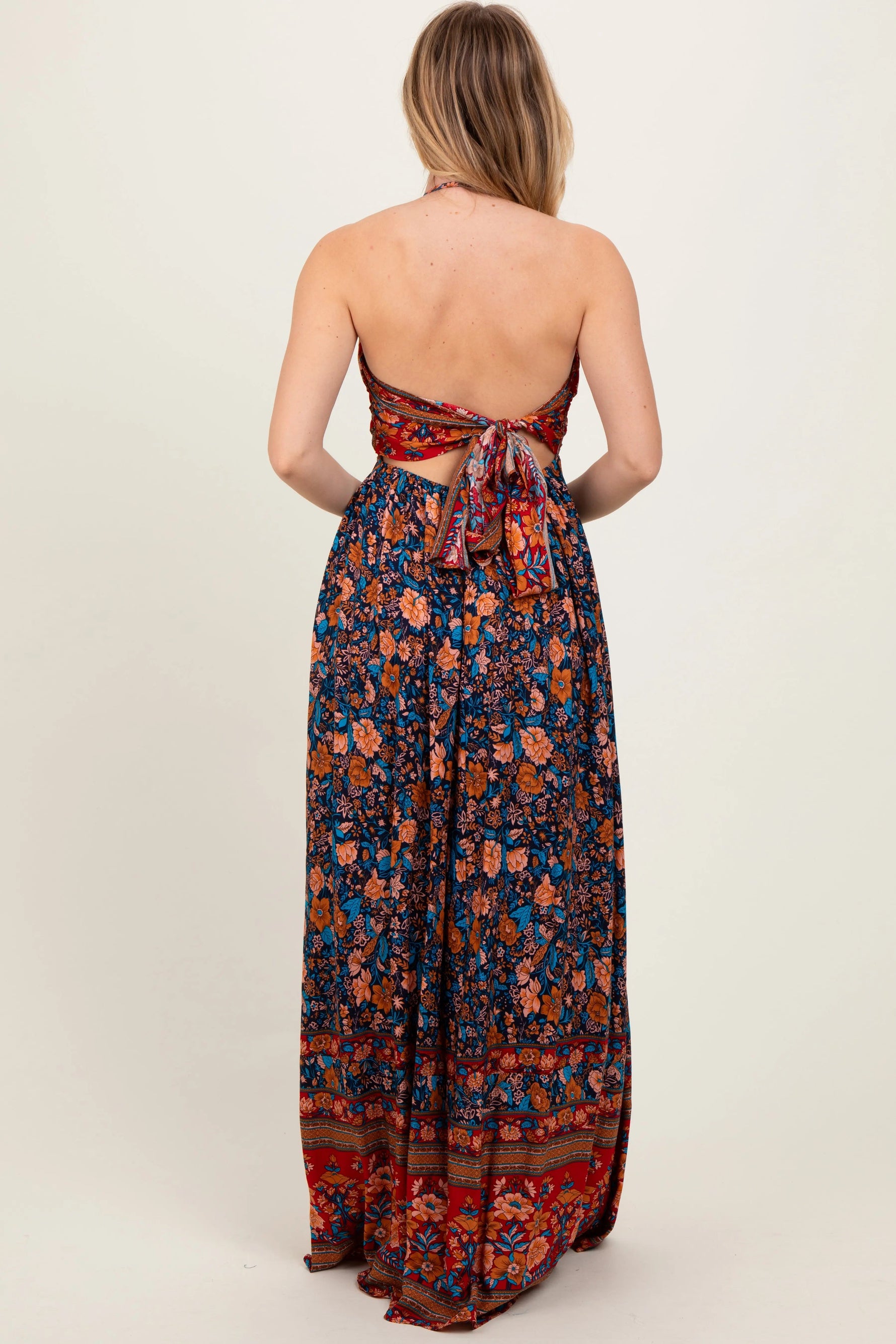 PinkBlush Navy Floral Colorblock Halter Tie Back Maxi Dress - 