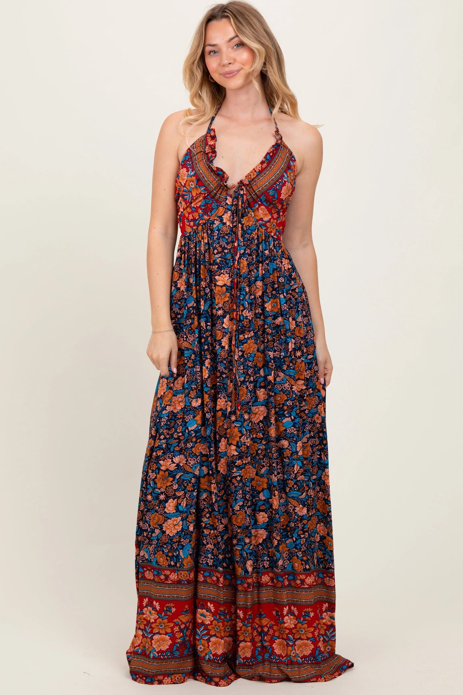 PinkBlush Navy Floral Colorblock Halter Tie Back Maxi Dress - 