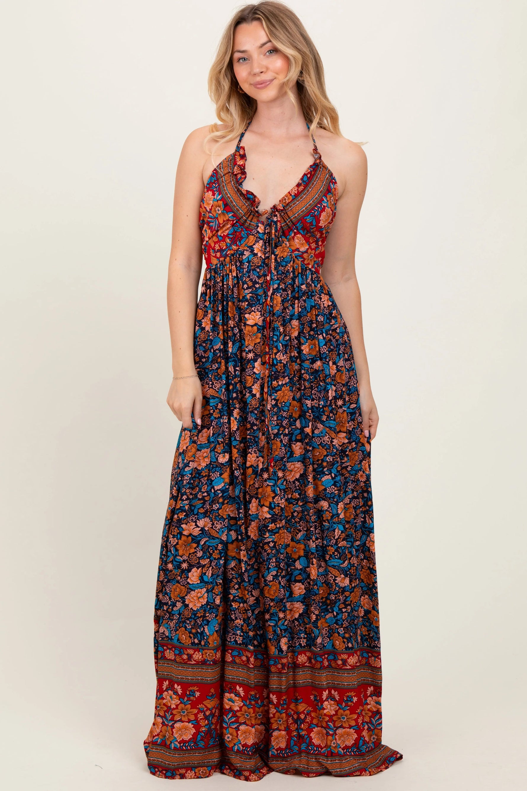 PinkBlush Navy Floral Colorblock Halter Tie Back Maxi Dress - 