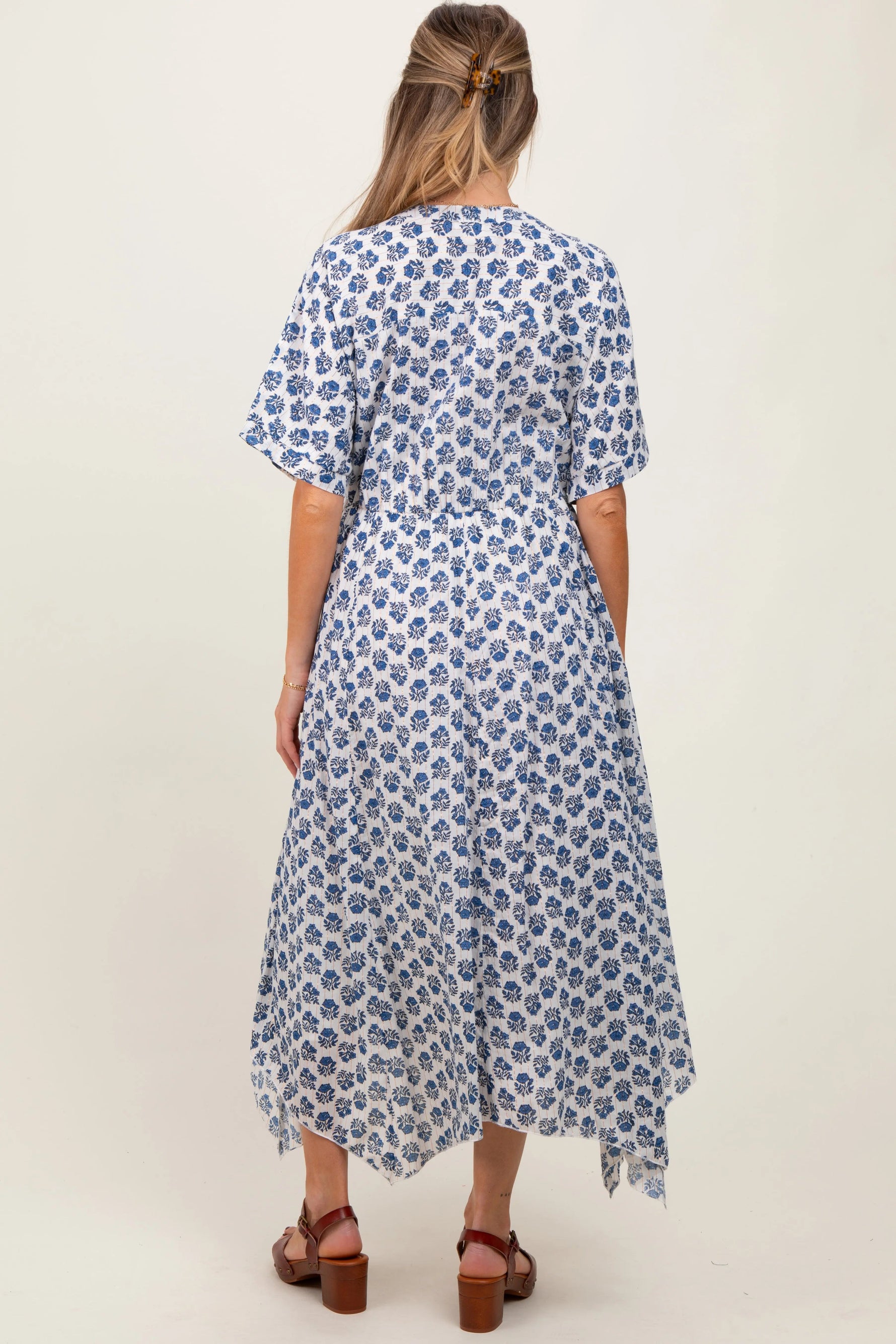 PinkBlush Navy Floral Deep V - Neck Handkerchief Hem Maternity Maxi Dress - 