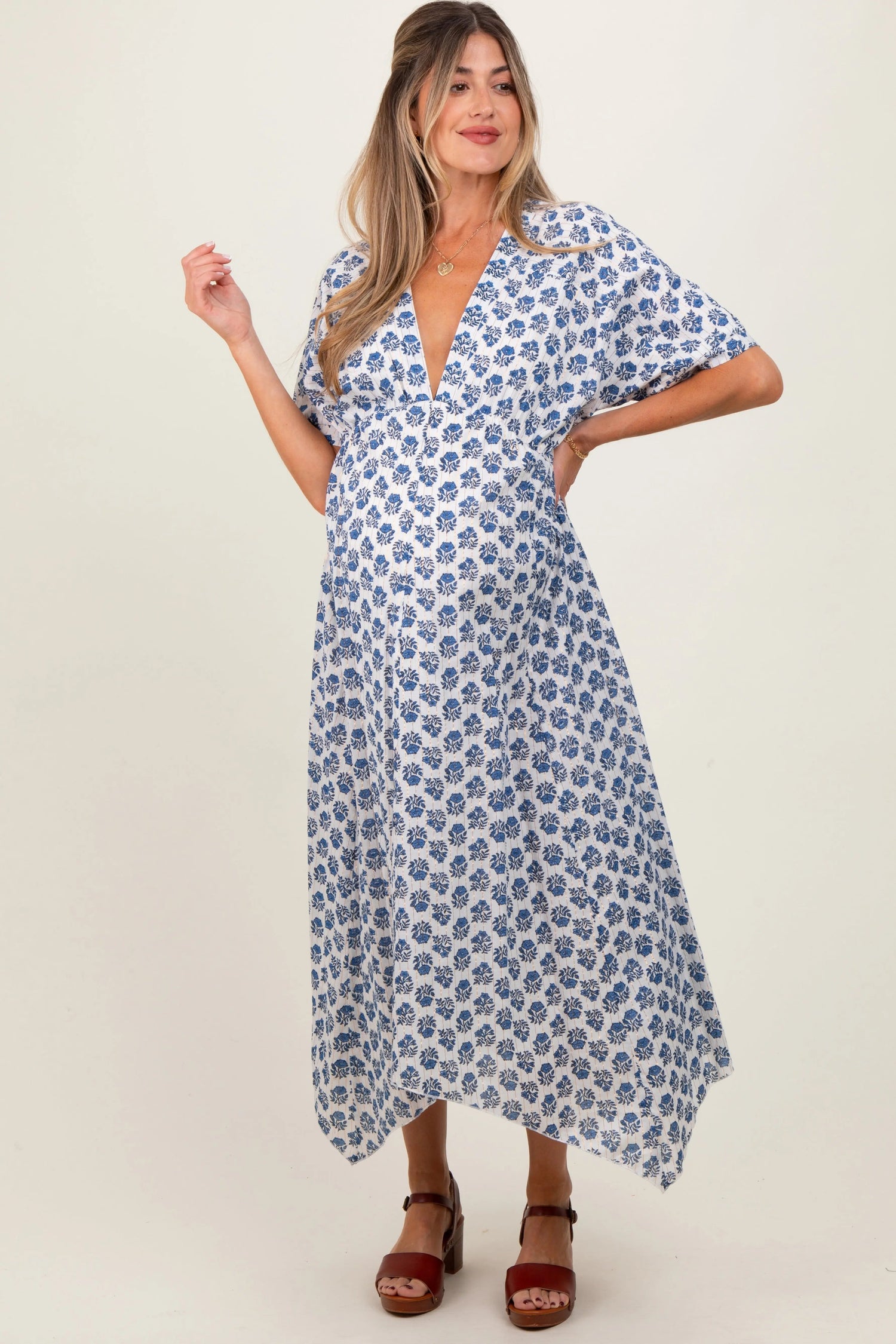 PinkBlush Navy Floral Deep V - Neck Handkerchief Hem Maternity Maxi Dress - 