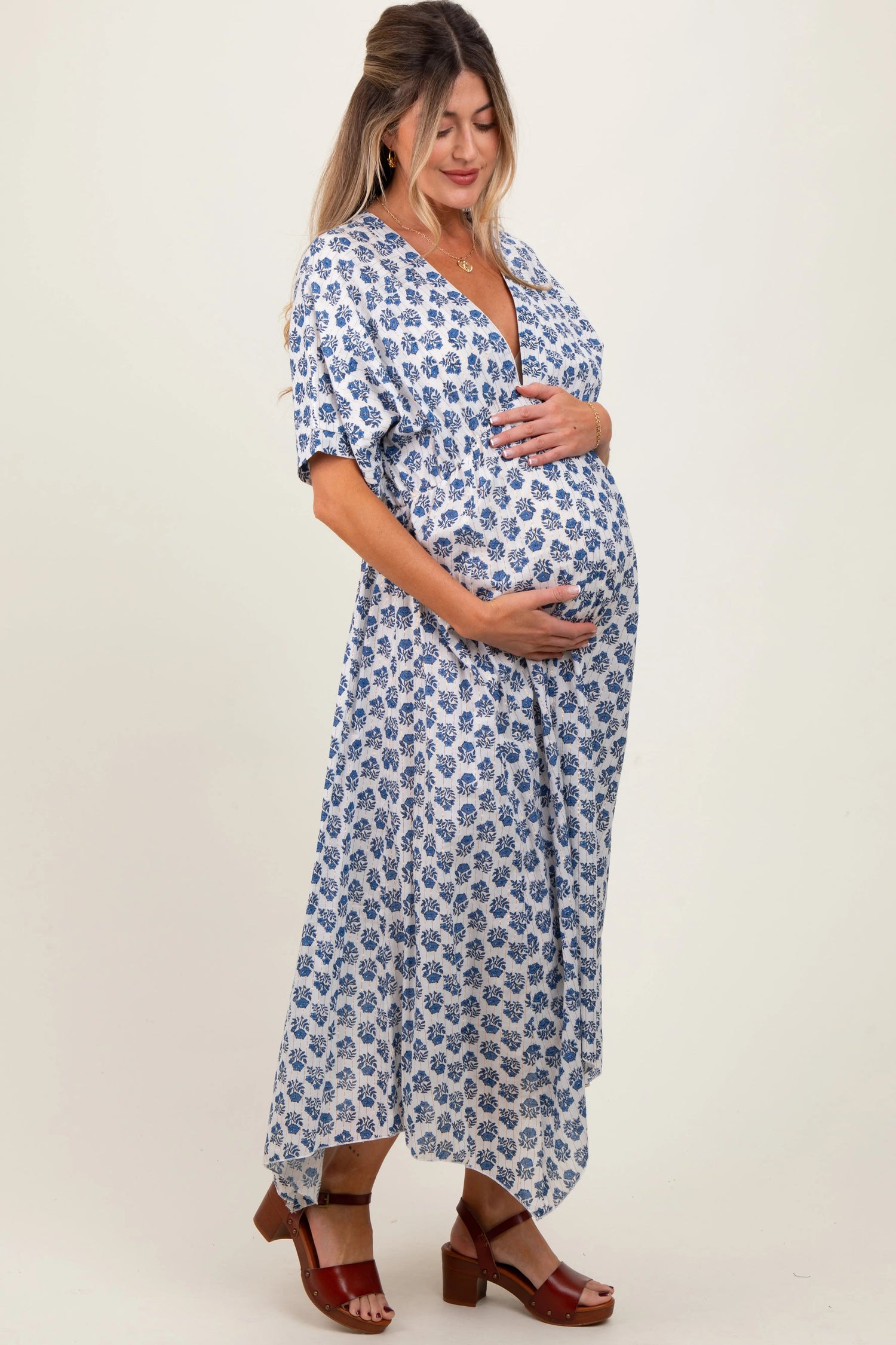 PinkBlush Navy Floral Deep V - Neck Handkerchief Hem Maternity Maxi Dress - 