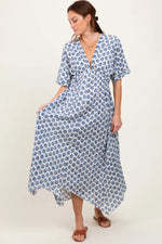 PinkBlush Navy Floral Deep V - Neck Handkerchief Hem Maxi Dress - 