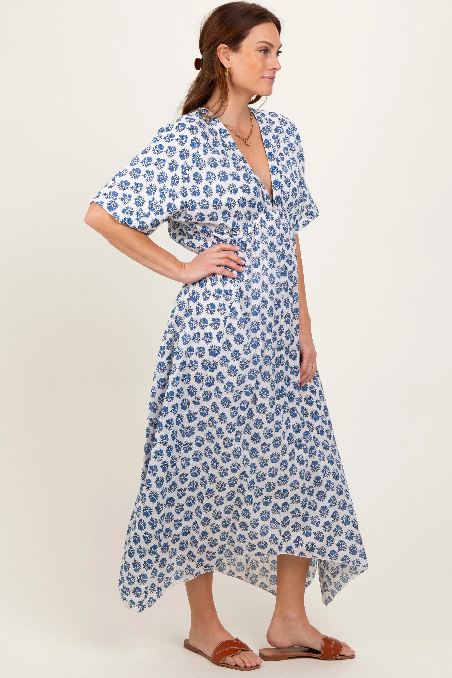PinkBlush Navy Floral Deep V - Neck Handkerchief Hem Maxi Dress - 