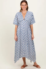 PinkBlush Navy Floral Deep V - Neck Handkerchief Hem Maxi Dress - 
