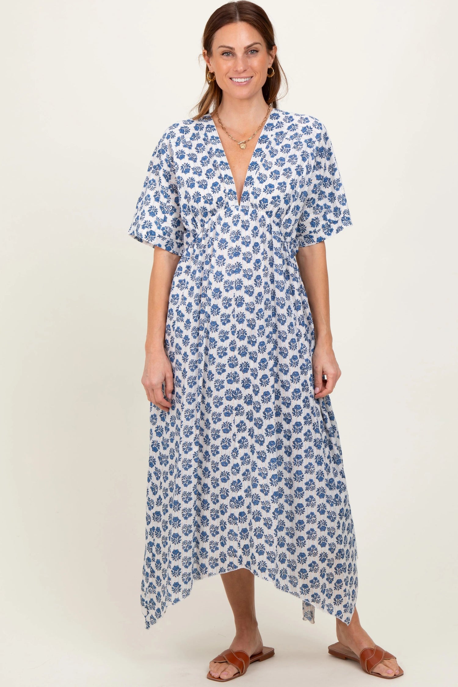 PinkBlush Navy Floral Deep V - Neck Handkerchief Hem Maxi Dress - 