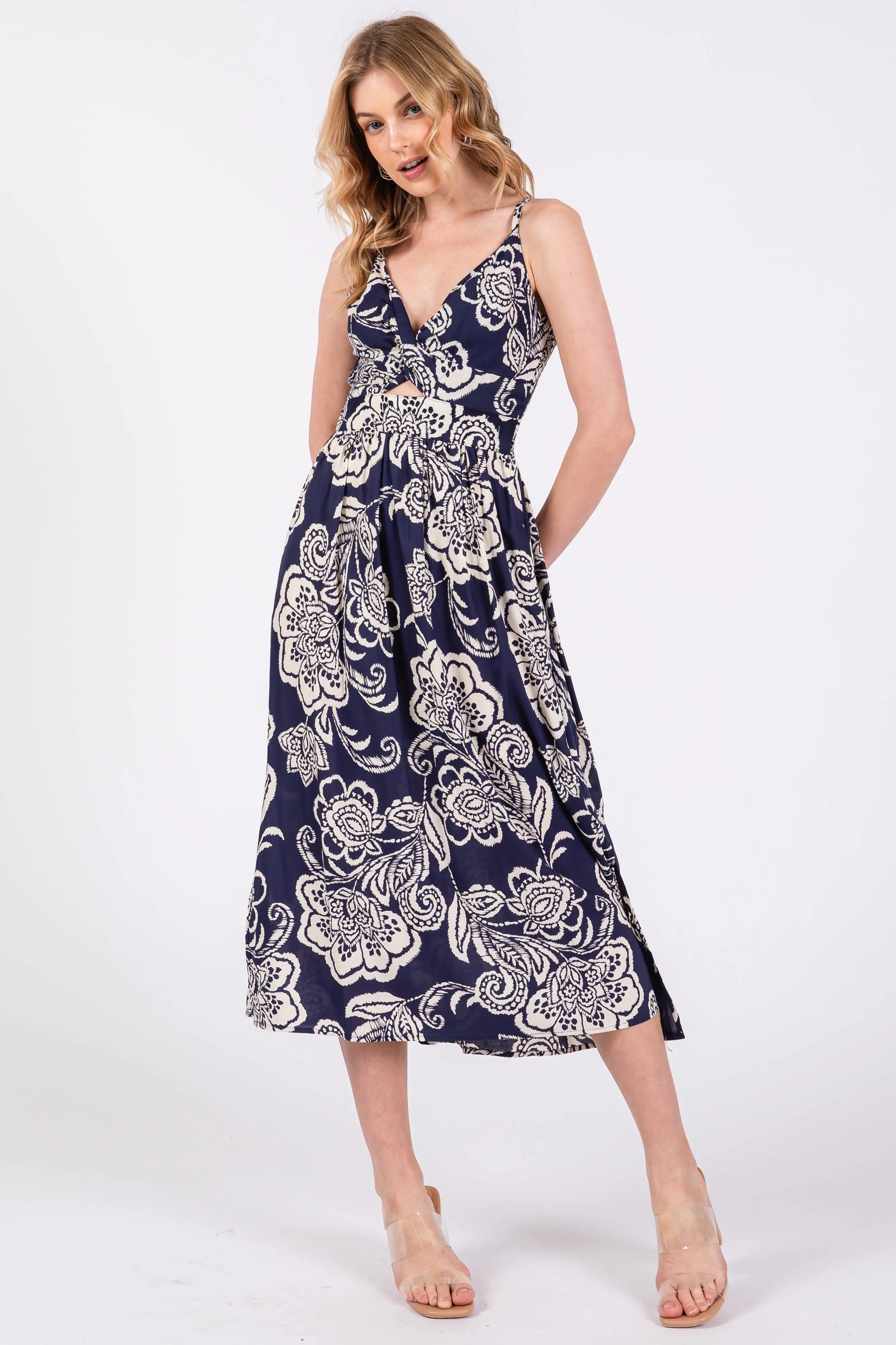 PinkBlush Navy Floral Front Twist Midi Dress - 