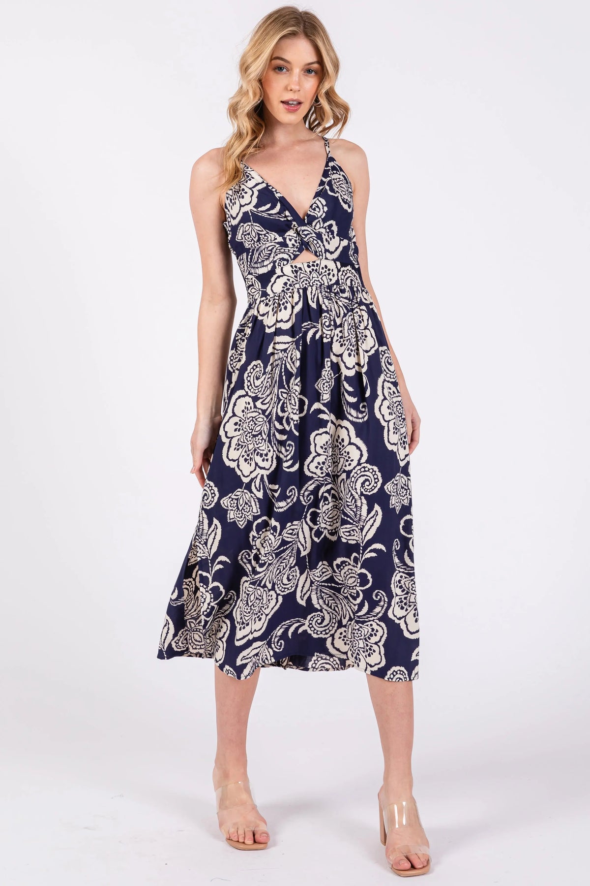 Navy Floral Front Twist Midi Dress - Dress, Day Dress, Waist, Fashion design, One-piece garment | Everetts Place