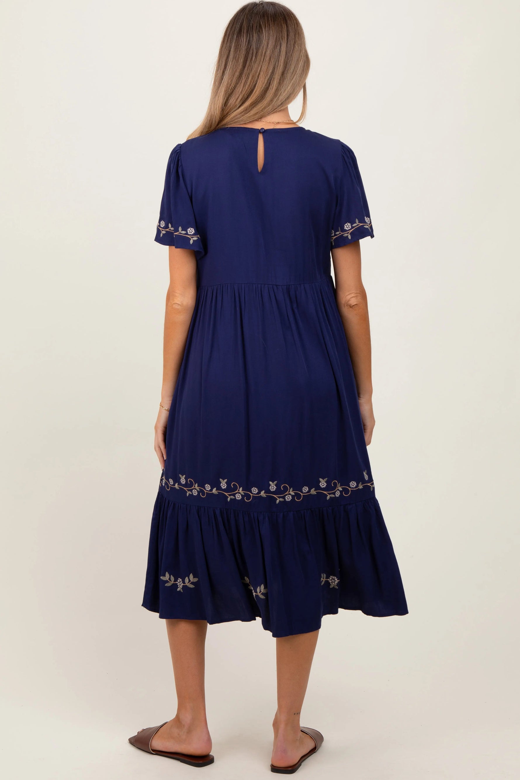 PinkBlush Navy Floral Lace Maternity Midi Dress - 