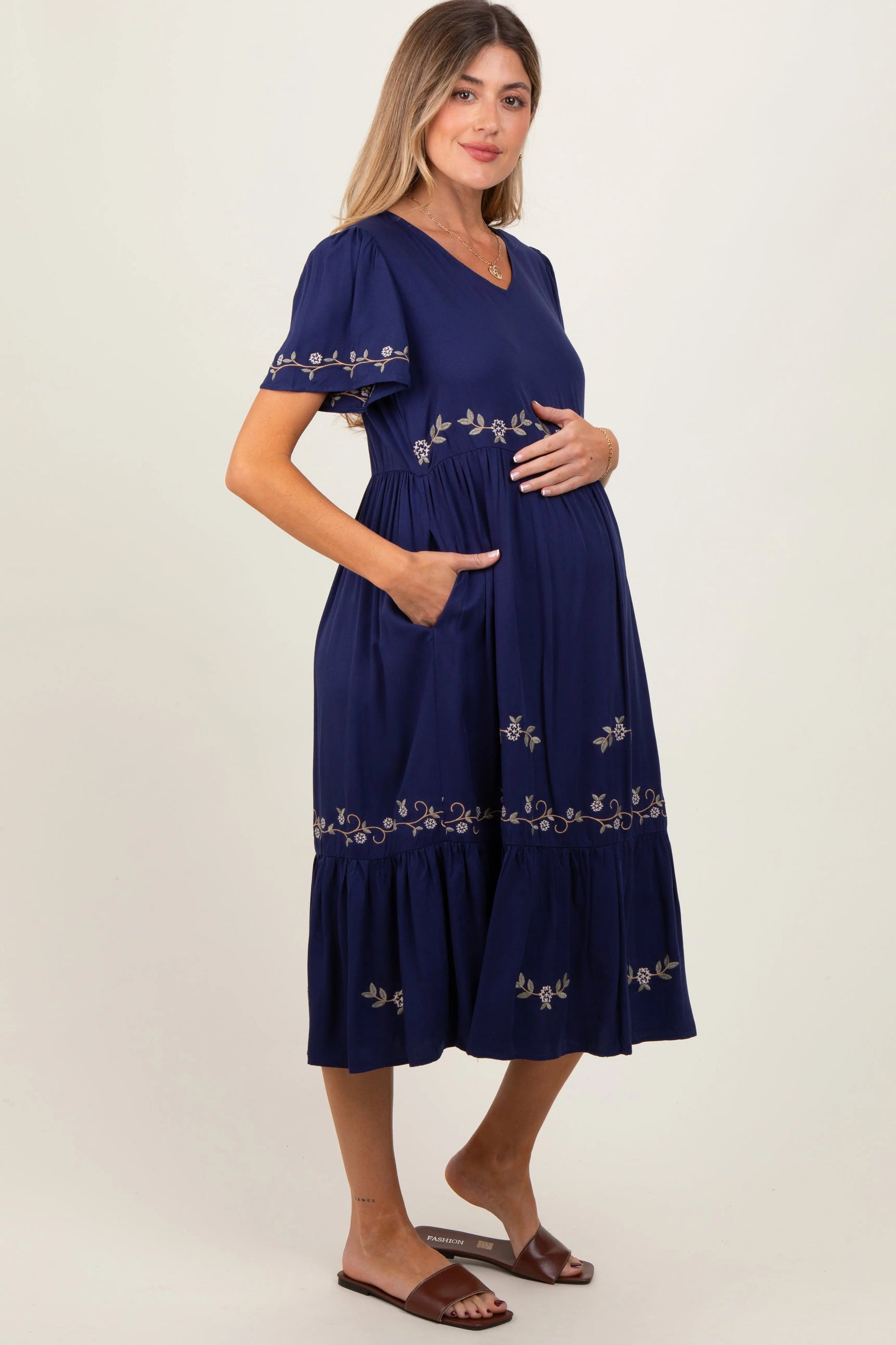 PinkBlush Navy Floral Lace Maternity Midi Dress - 