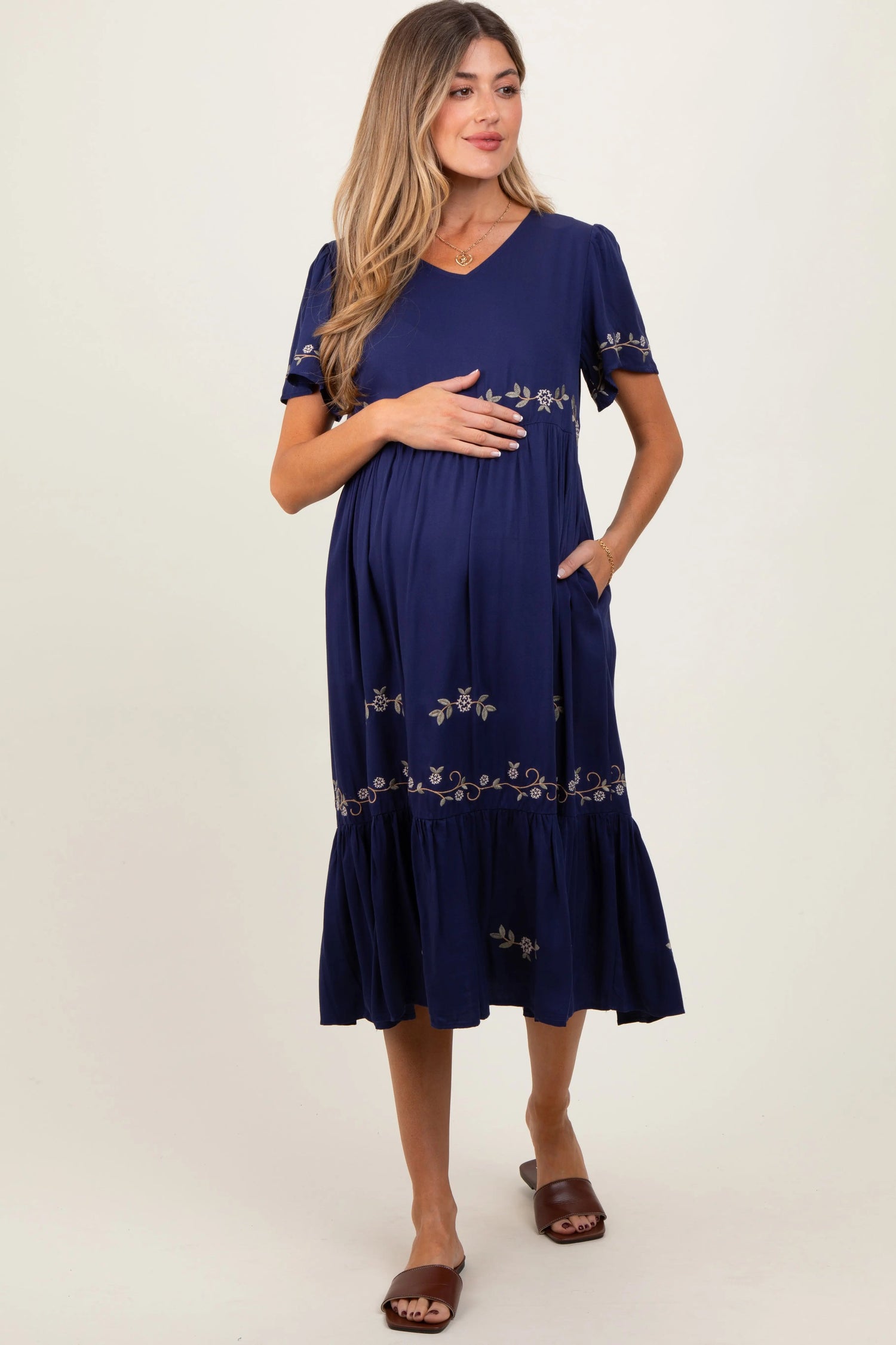 Navy Floral Lace Maternity Midi Dress - Fashion, Dress, Day Dress, One-piece garment, Waist | Everetts Place