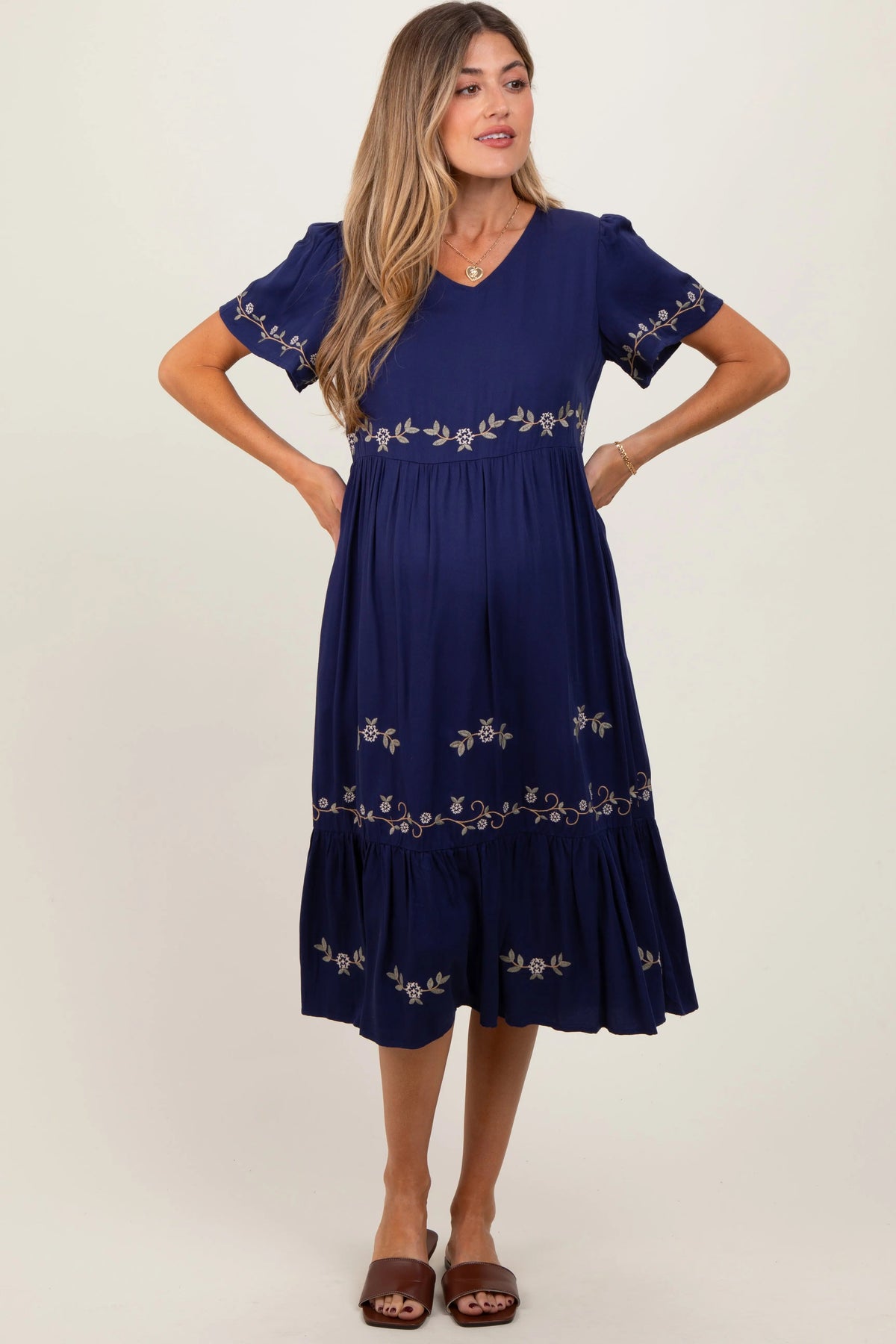 PinkBlush Navy Floral Lace Maternity Midi Dress - 