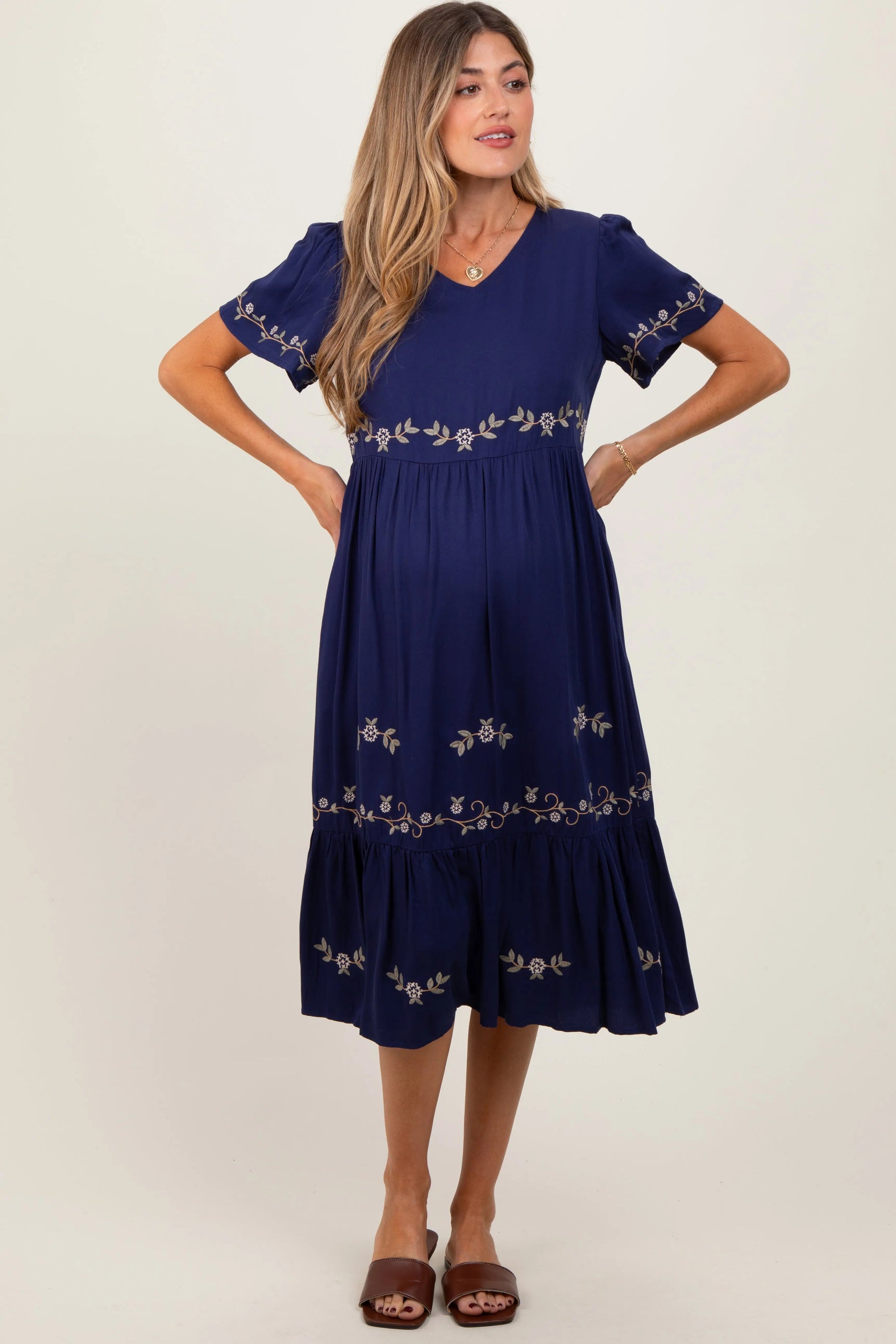 PinkBlush Navy Floral Lace Maternity Midi Dress - 
