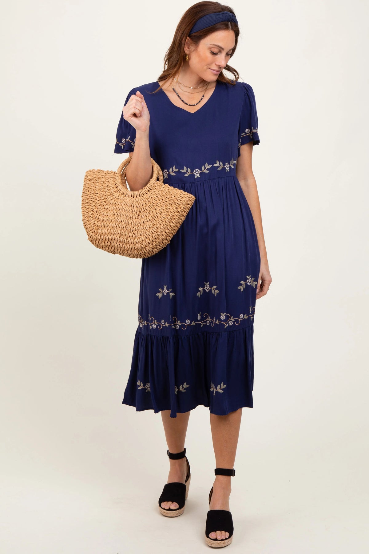 PinkBlush Navy Floral Lace Maternity Midi Dress - 
