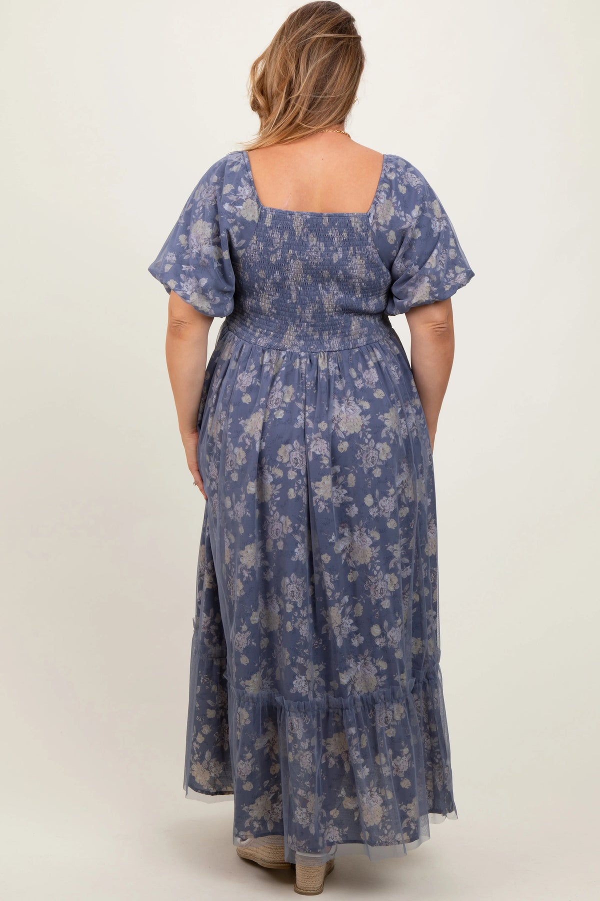 PinkBlush Navy Floral Mesh Square Neck Short Puff Sleeve Maternity Plus Midi Dress - 
