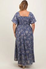 PinkBlush Navy Floral Mesh Square Neck Short Puff Sleeve Maternity Plus Midi Dress - 