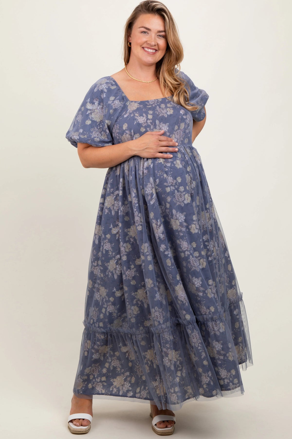 PinkBlush Navy Floral Mesh Square Neck Short Puff Sleeve Maternity Plus Midi Dress - 