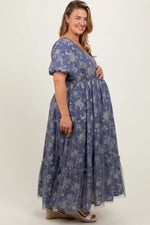 PinkBlush Navy Floral Mesh Square Neck Short Puff Sleeve Maternity Plus Midi Dress - 
