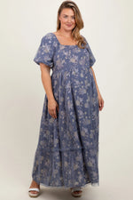 PinkBlush Navy Floral Mesh Square Neck Short Puff Sleeve Maternity Plus Midi Dress - 