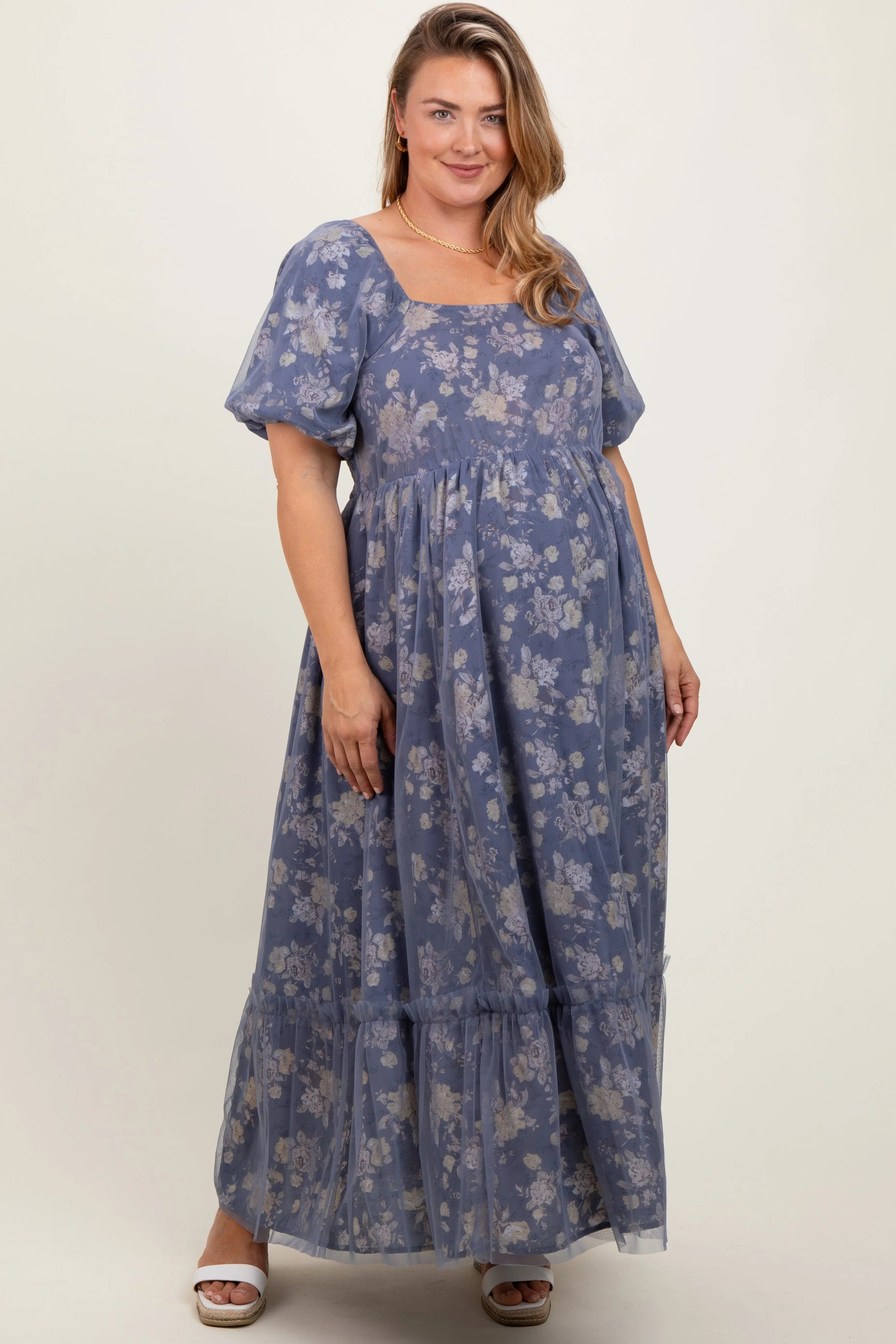 PinkBlush Navy Floral Mesh Square Neck Short Puff Sleeve Maternity Plus Midi Dress - 