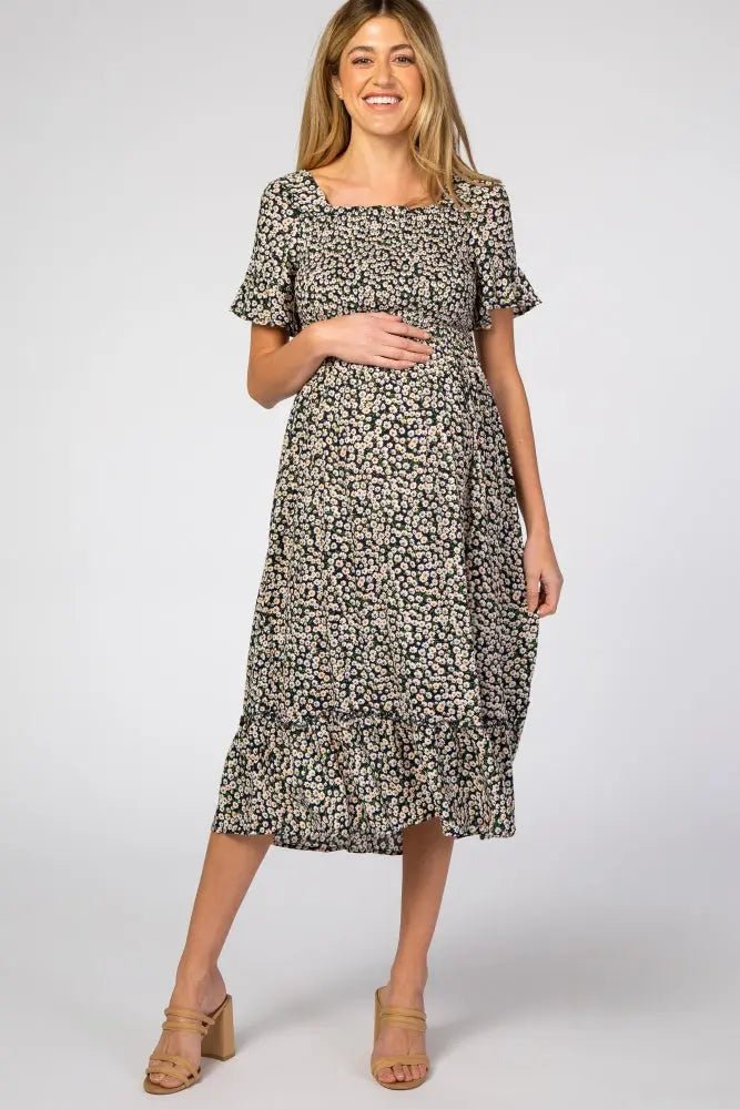 Navy Floral Ruffle Maternity Midi Dress - Day Dress, One-piece garment, Person, Dress, Sandal | Everetts Place