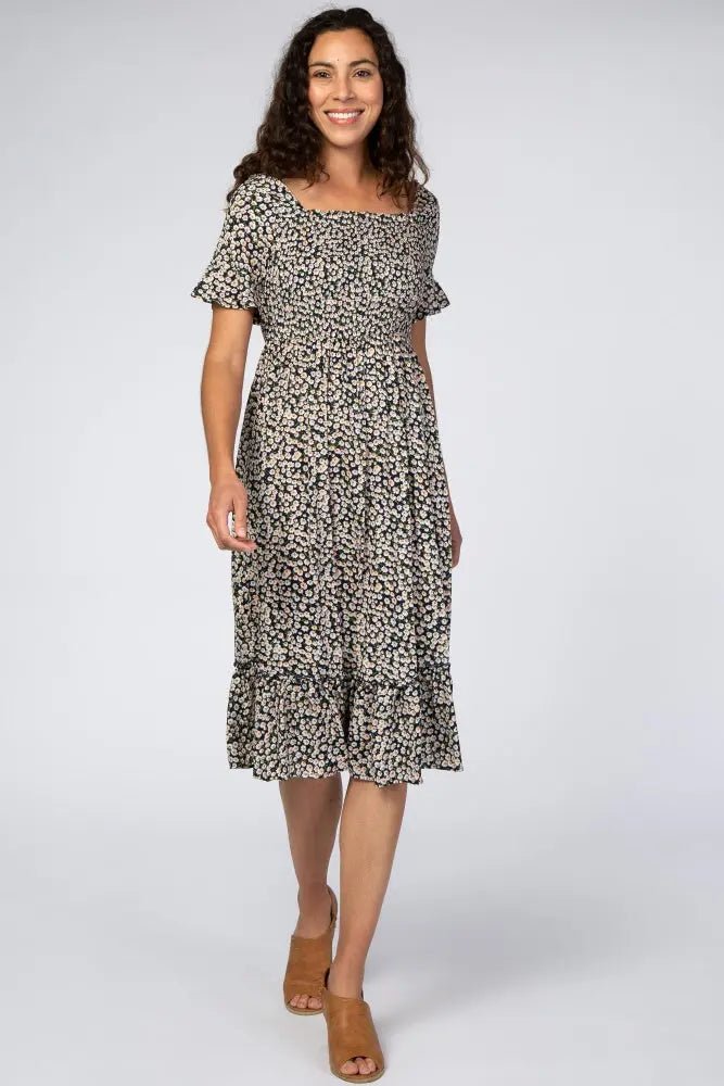 PinkBlush Navy Floral Ruffle Maternity Midi Dress - 