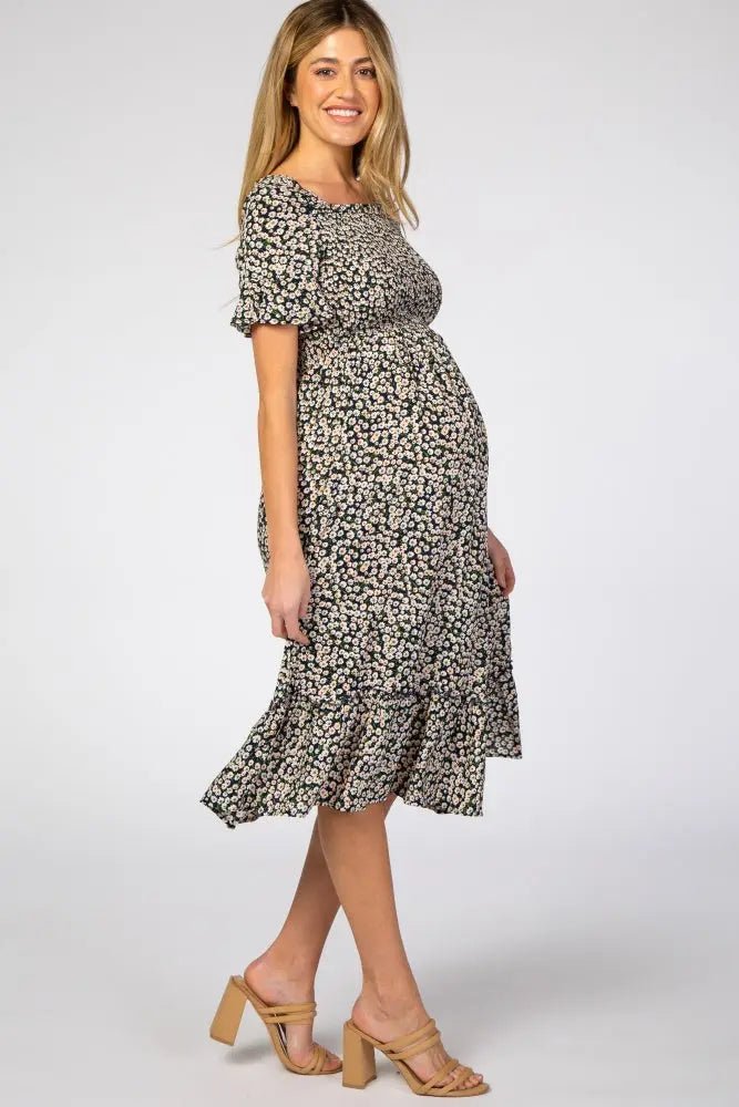 PinkBlush Navy Floral Ruffle Maternity Midi Dress - 