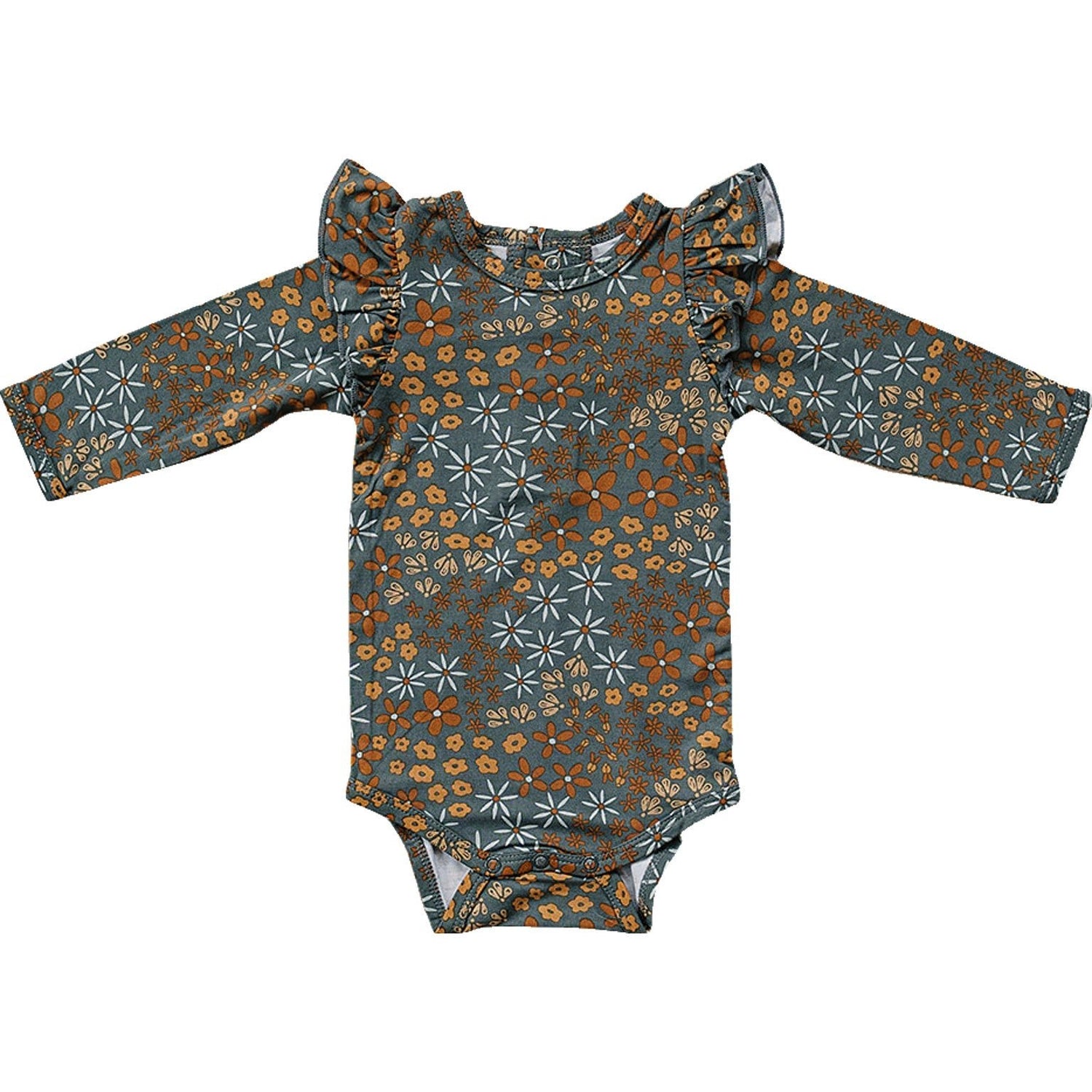 Mebie Baby Navy Floral Ruffle Sleeve Bamboo Bodysuit - 