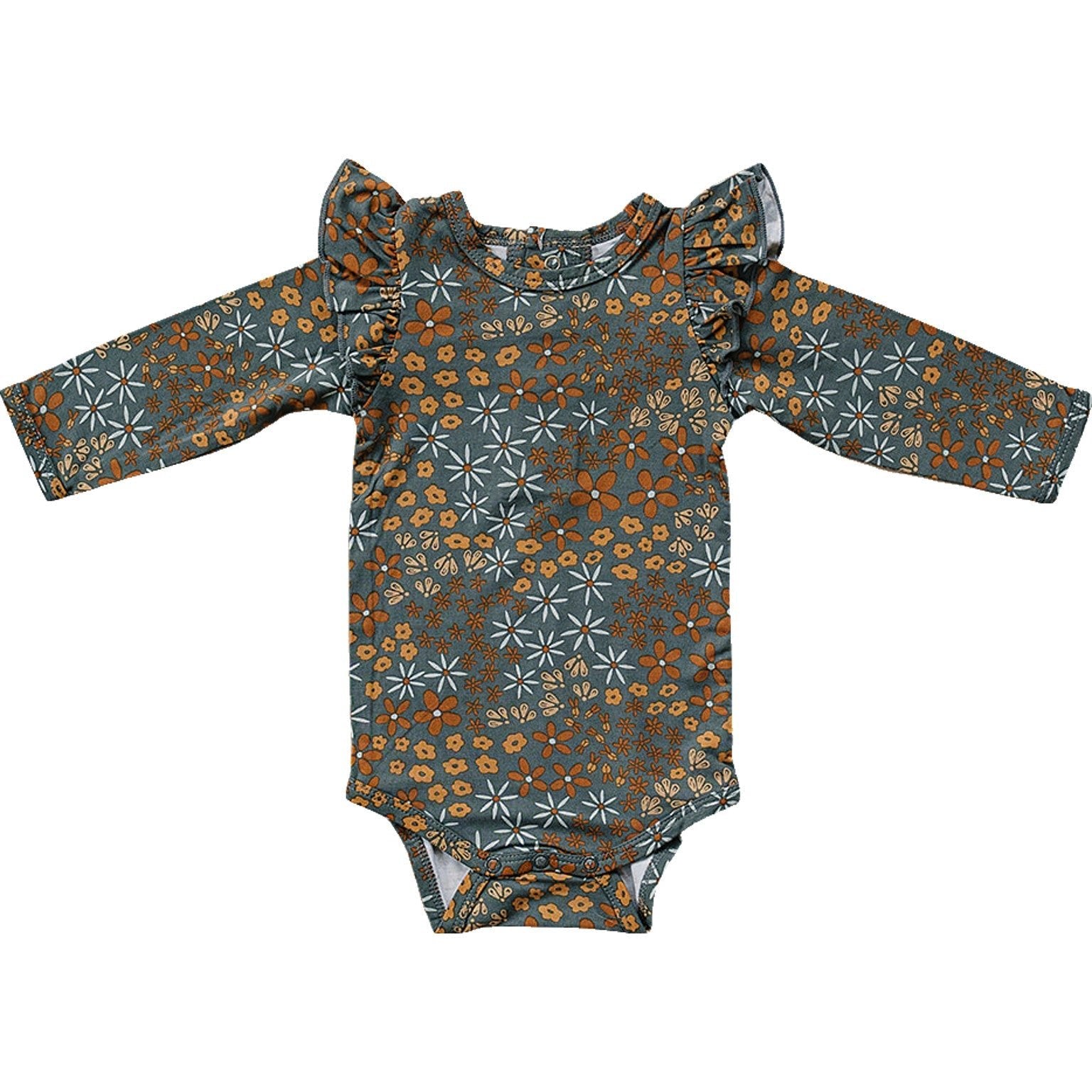 Mebie Baby Navy Floral Ruffle Sleeve Bamboo Bodysuit - 