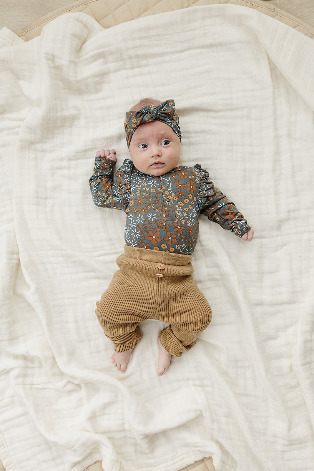 Mebie Baby Navy Floral Ruffle Sleeve Bamboo Bodysuit - 