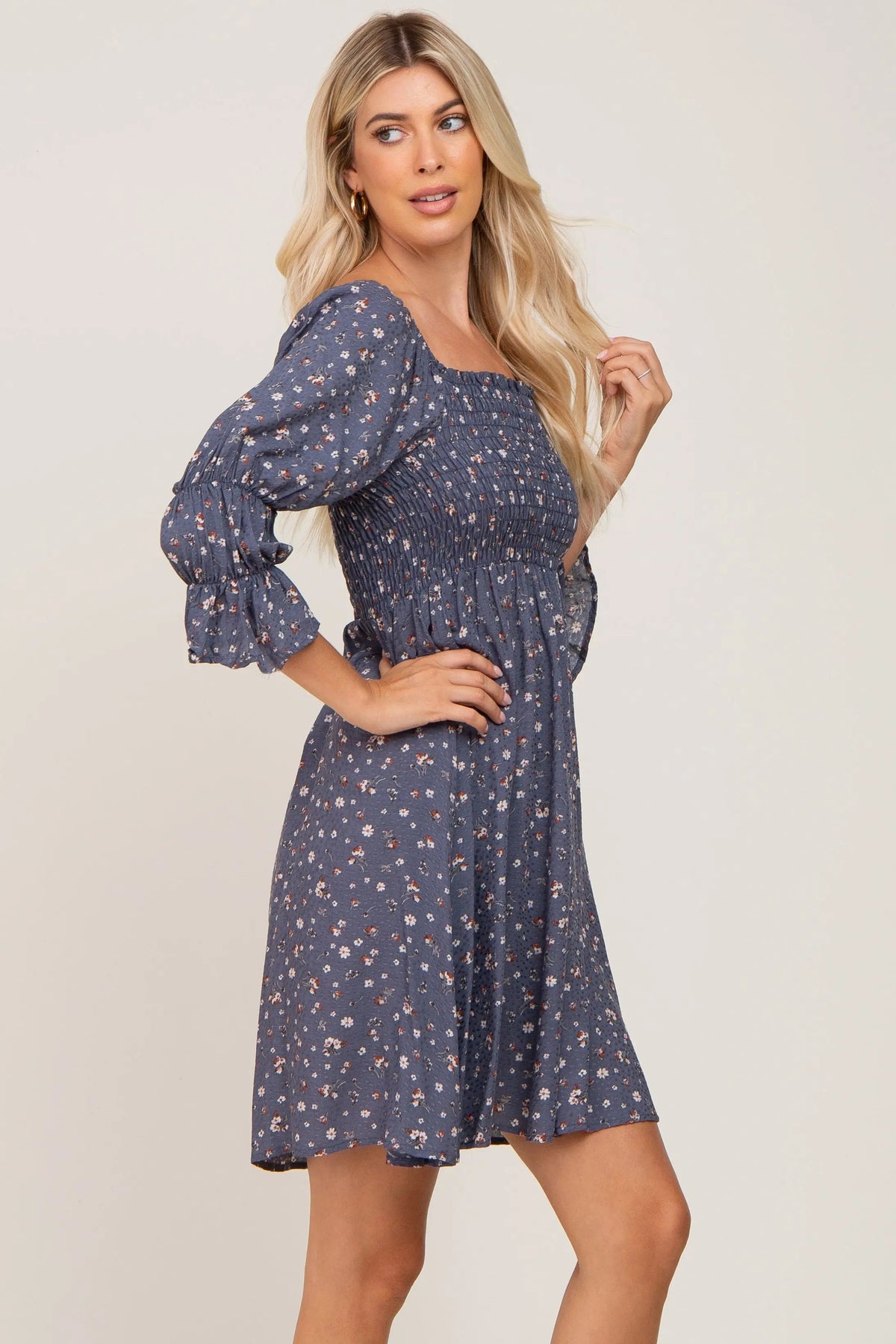 PinkBlush Navy Floral Ruffle Sleeve Smocked Dress - 