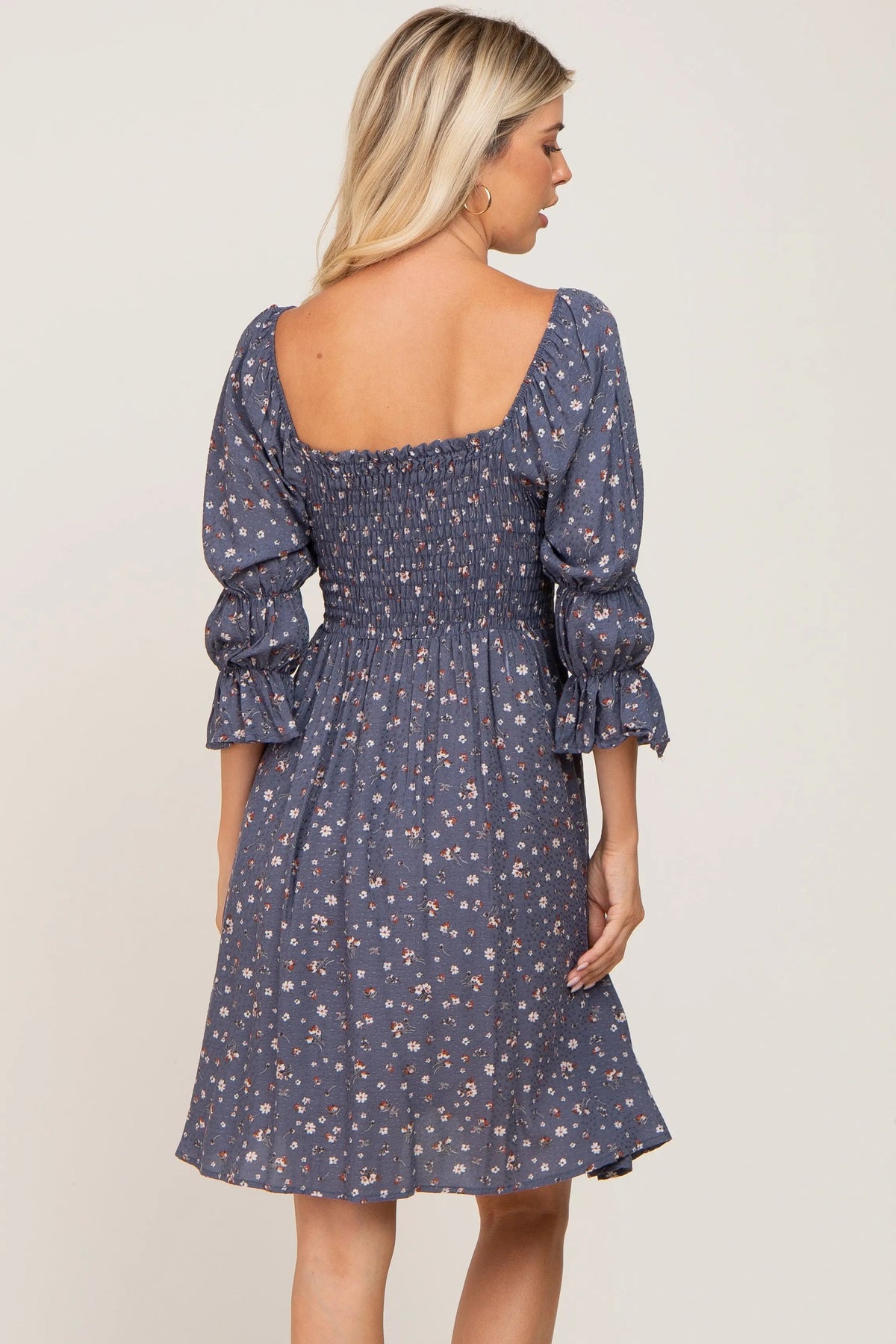 PinkBlush Navy Floral Ruffle Sleeve Smocked Dress - 