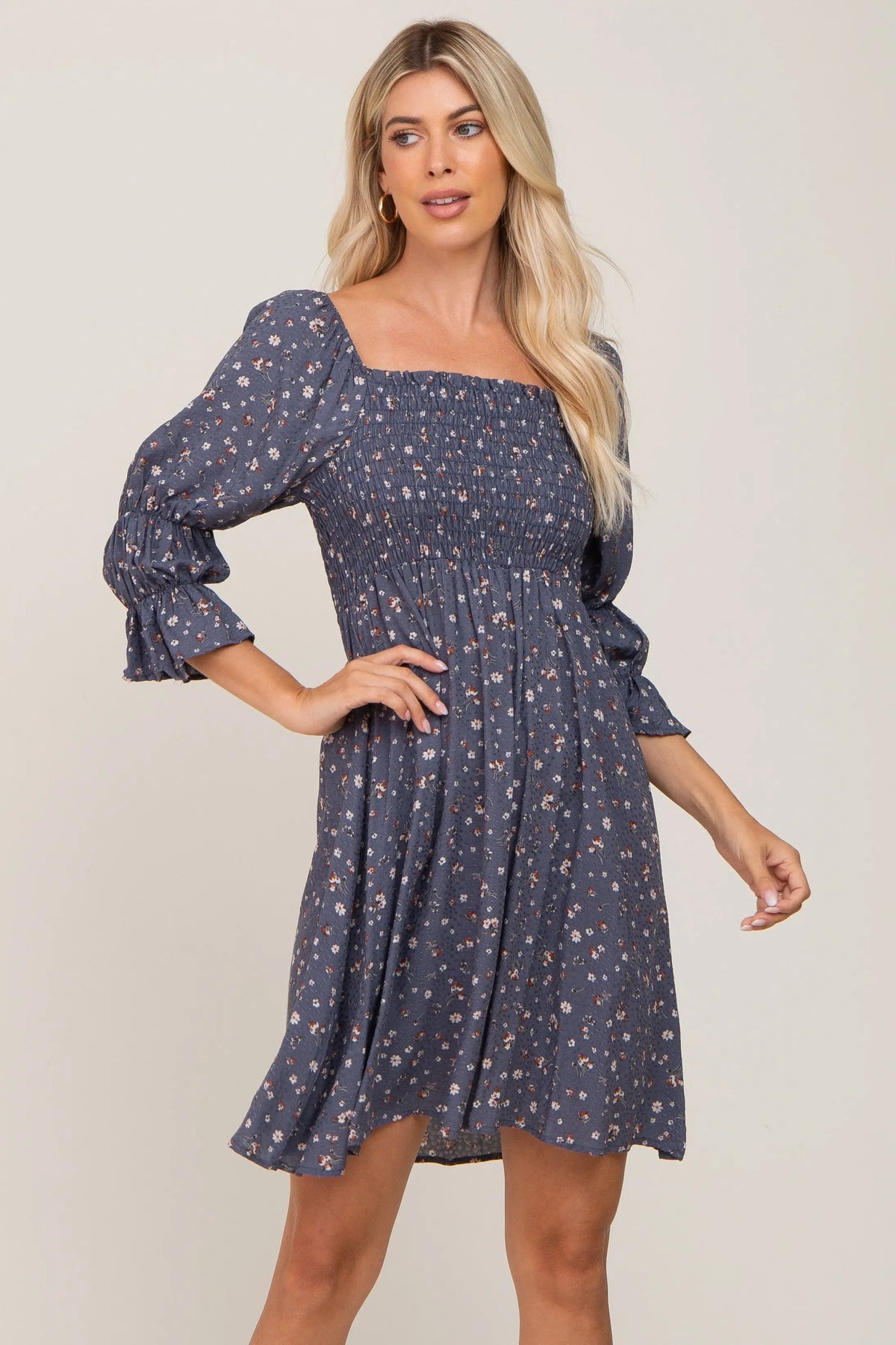 PinkBlush Navy Floral Ruffle Sleeve Smocked Dress - 