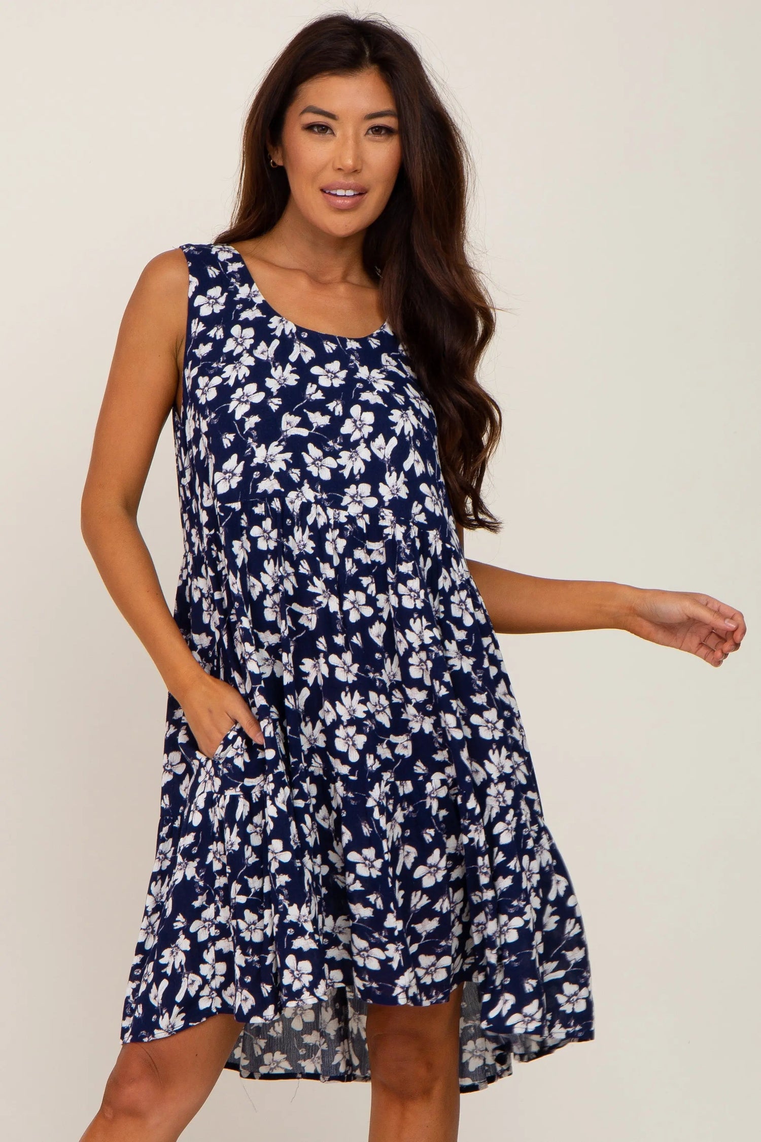 PinkBlush Navy Floral Sleeveless Tiered Dress - 