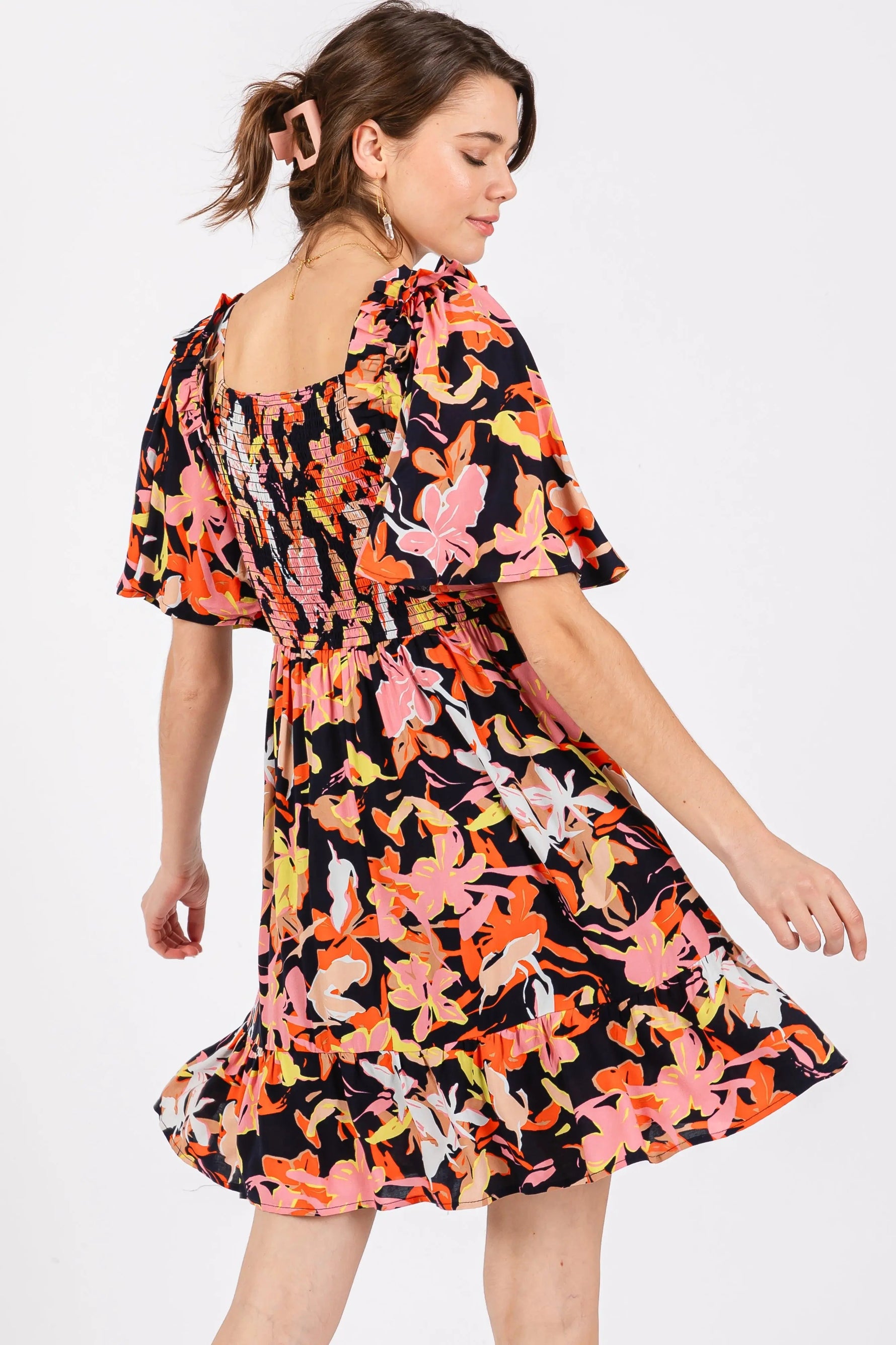 PinkBlush Navy Floral Smocked Ruffle Hem Dress - 