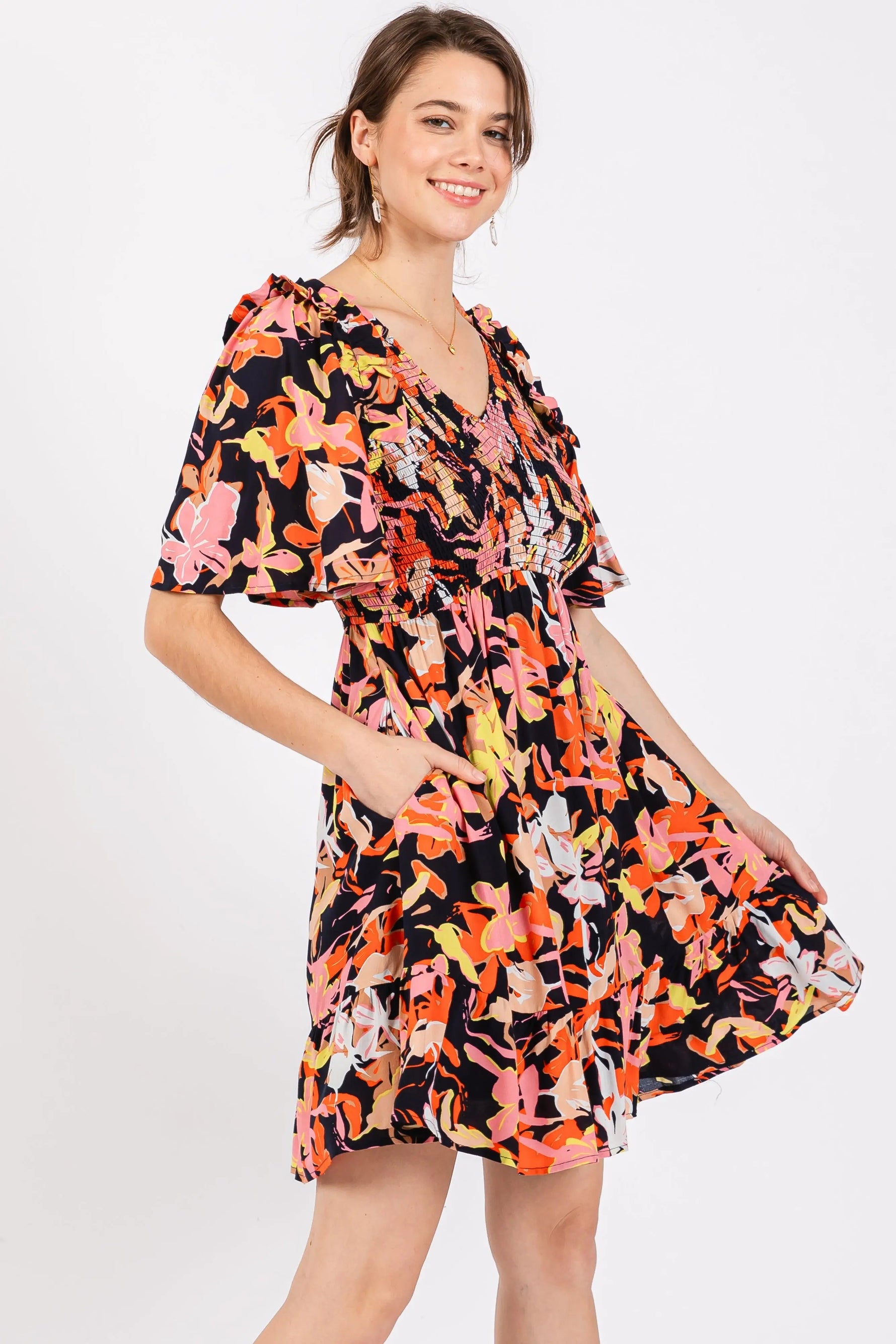 PinkBlush Navy Floral Smocked Ruffle Hem Dress - 