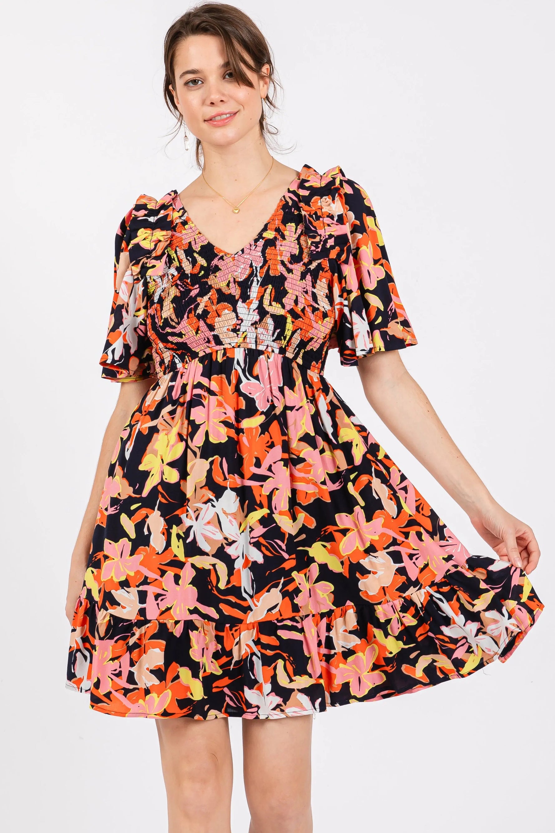 Navy Floral Smocked Ruffle Hem Dress - Day Dress, Fashion, One-piece garment, Dress, Waist | Everetts Place