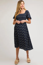 PinkBlush Navy Floral Square Neck Smocked Maternity Midi Dress - 