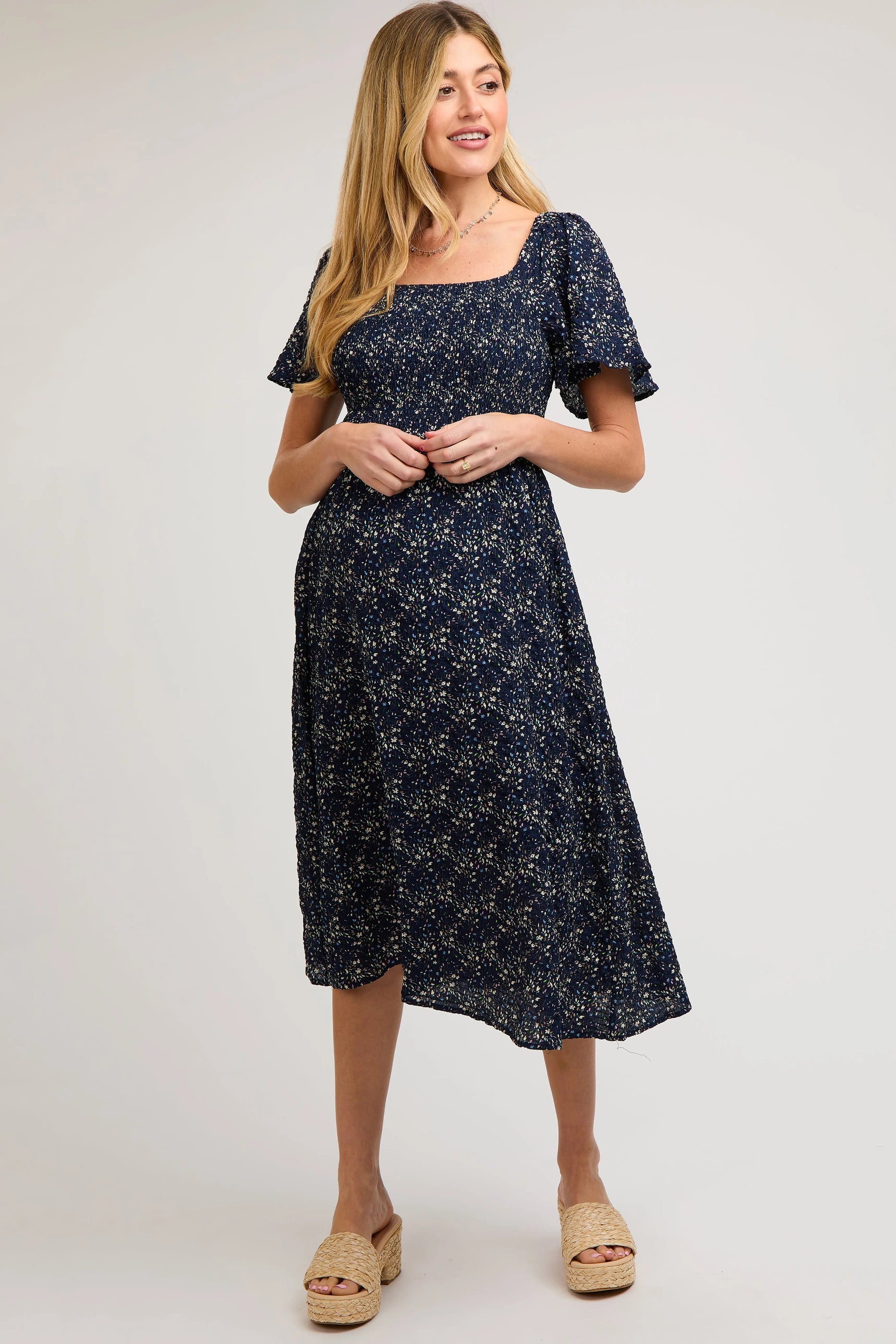 PinkBlush Navy Floral Square Neck Smocked Maternity Midi Dress - 