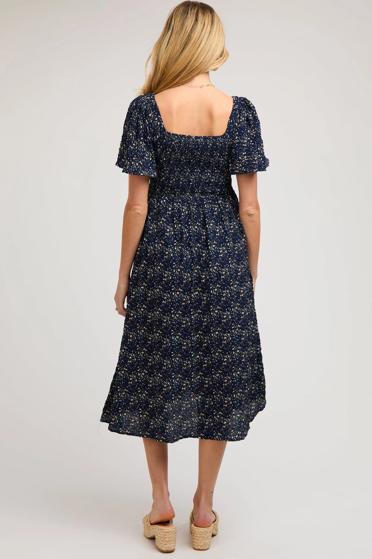 PinkBlush Navy Floral Square Neck Smocked Maternity Midi Dress - 